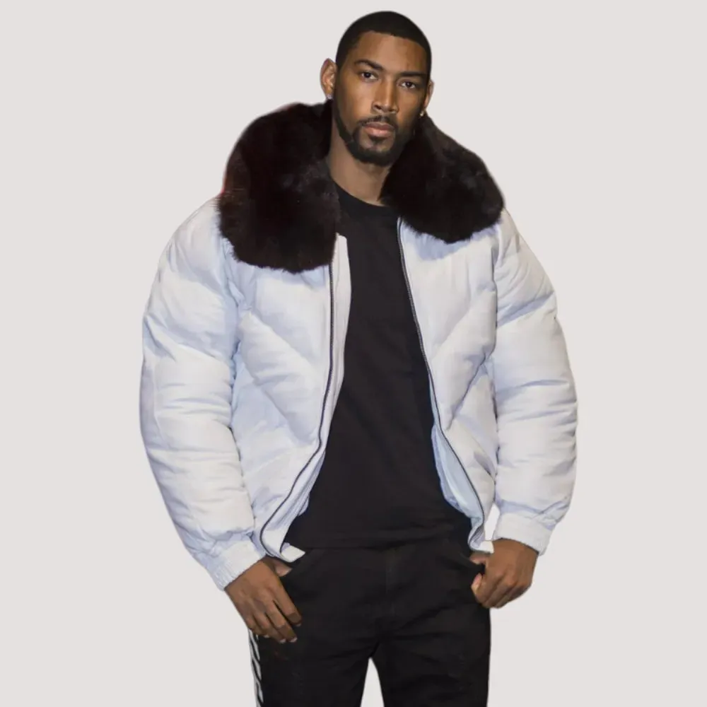 Mens White Leather V Bomber Jacket With Black Fur Collar