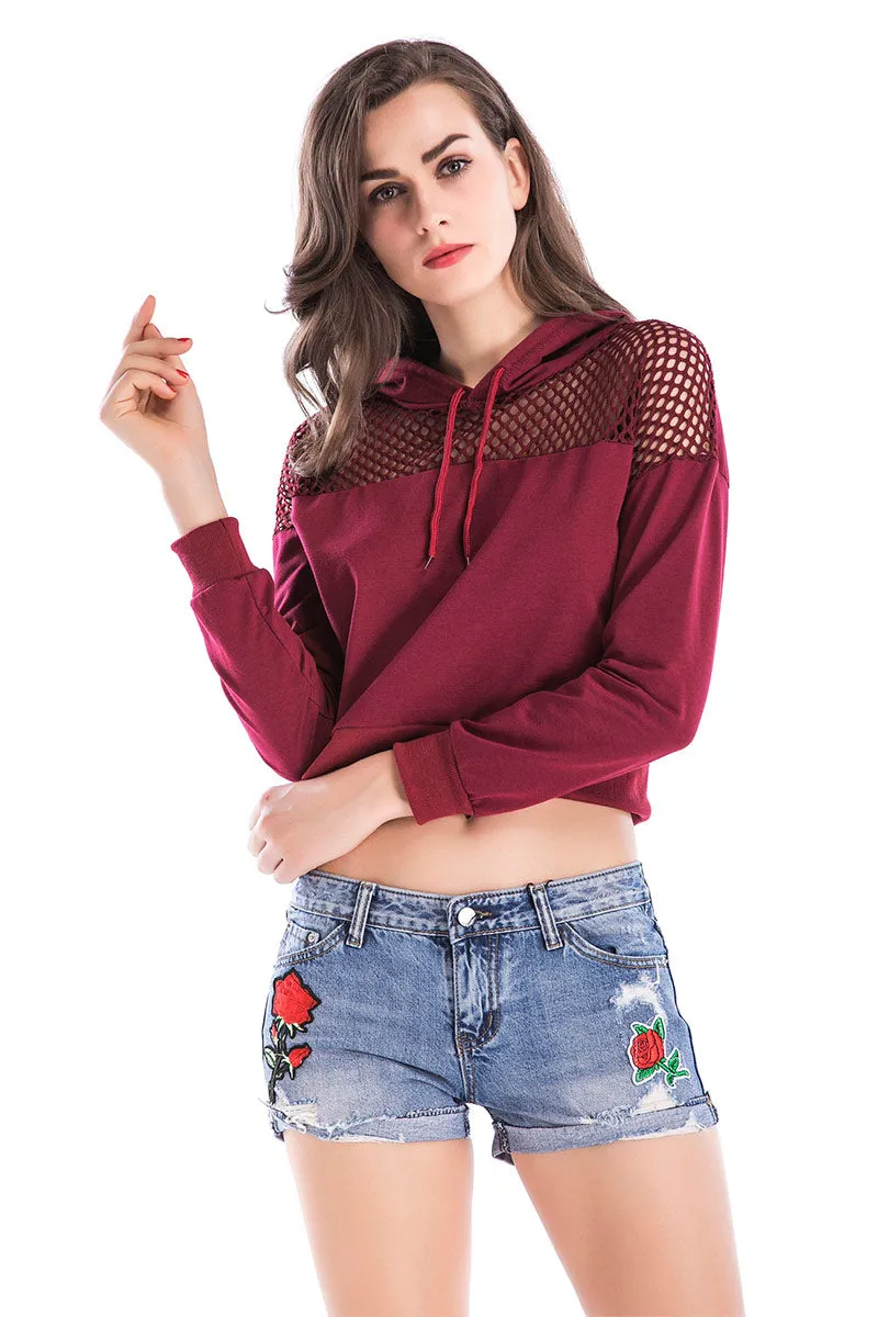 Mesh Patched Cutout Crop Sweatshirt