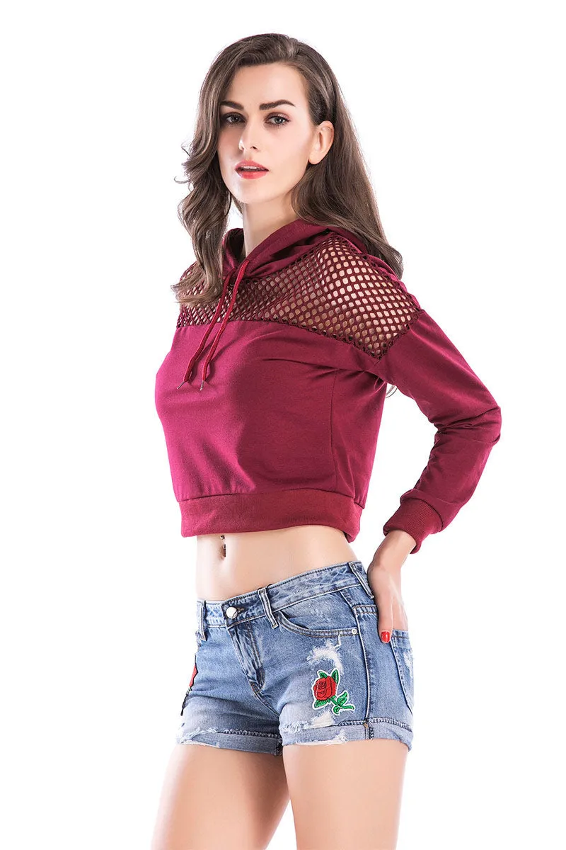 Mesh Patched Cutout Crop Sweatshirt