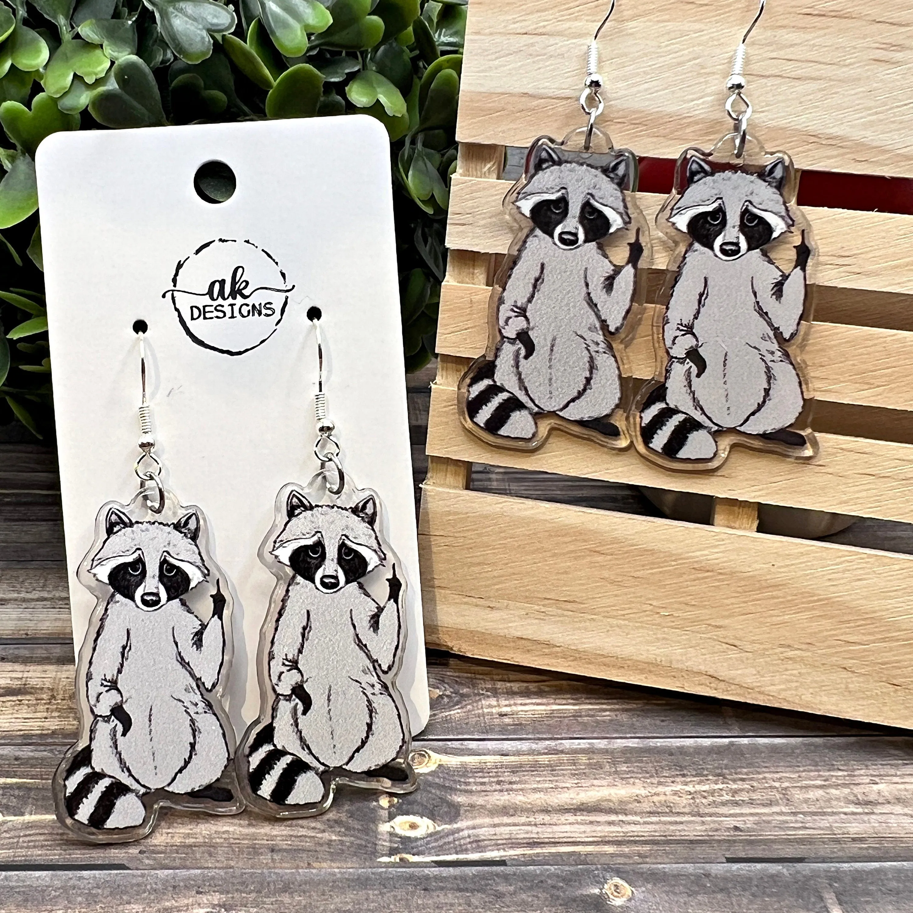 Middle Finger F You Raccoon Trash Panda Flipping the Bird  Earrings, Hypoallergenic Gift - Animal