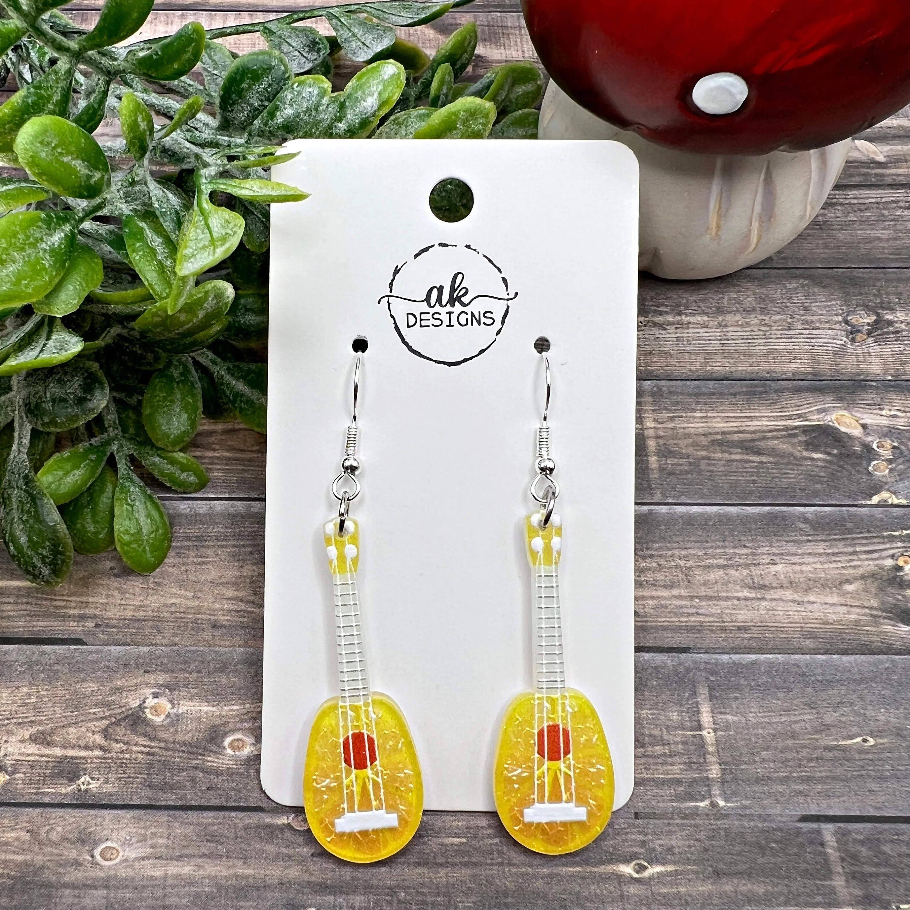 Mini Guitar Fruit Themed Lightweight  Earrings, Hypoallergenic Musician Gift