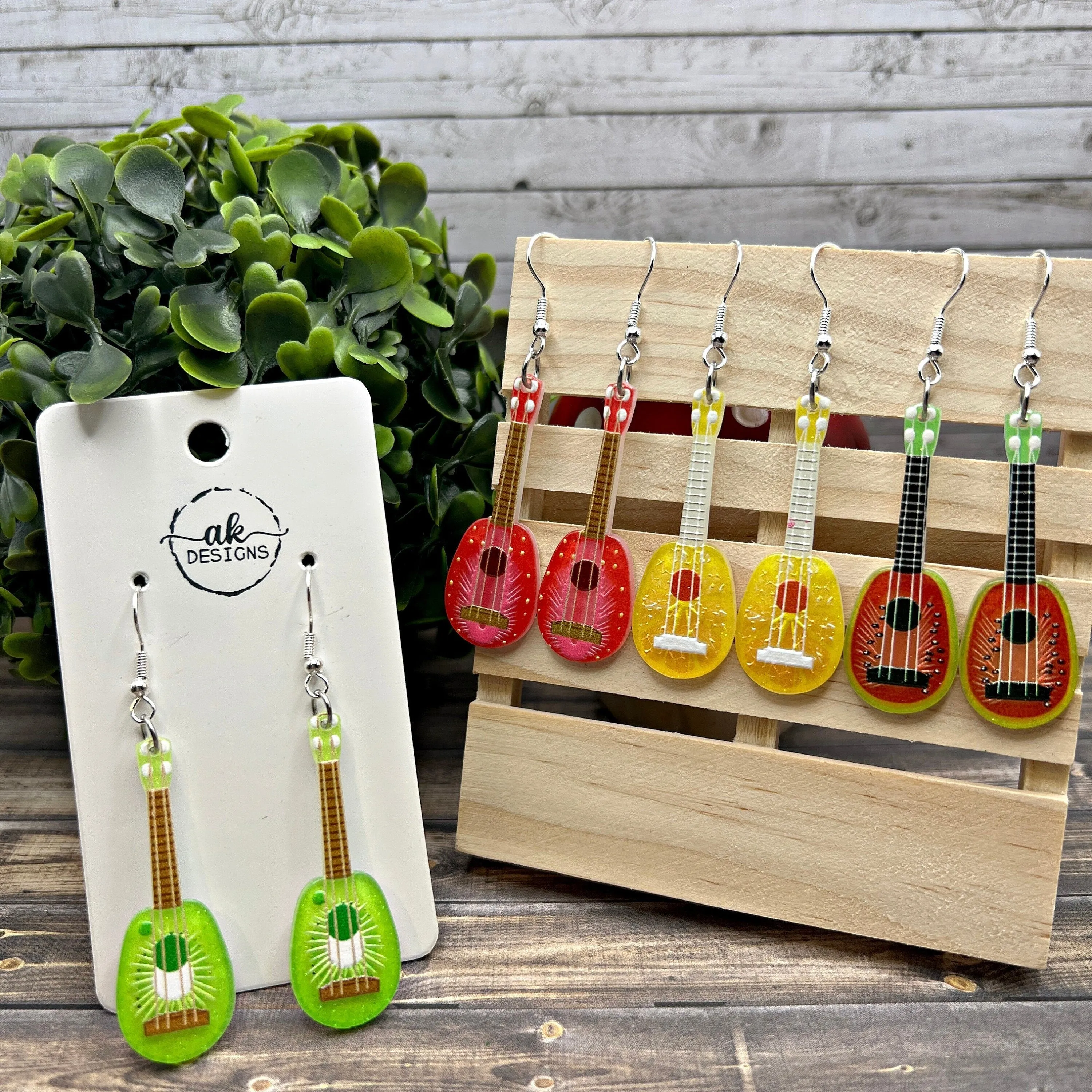 Mini Guitar Fruit Themed Lightweight  Earrings, Hypoallergenic Musician Gift