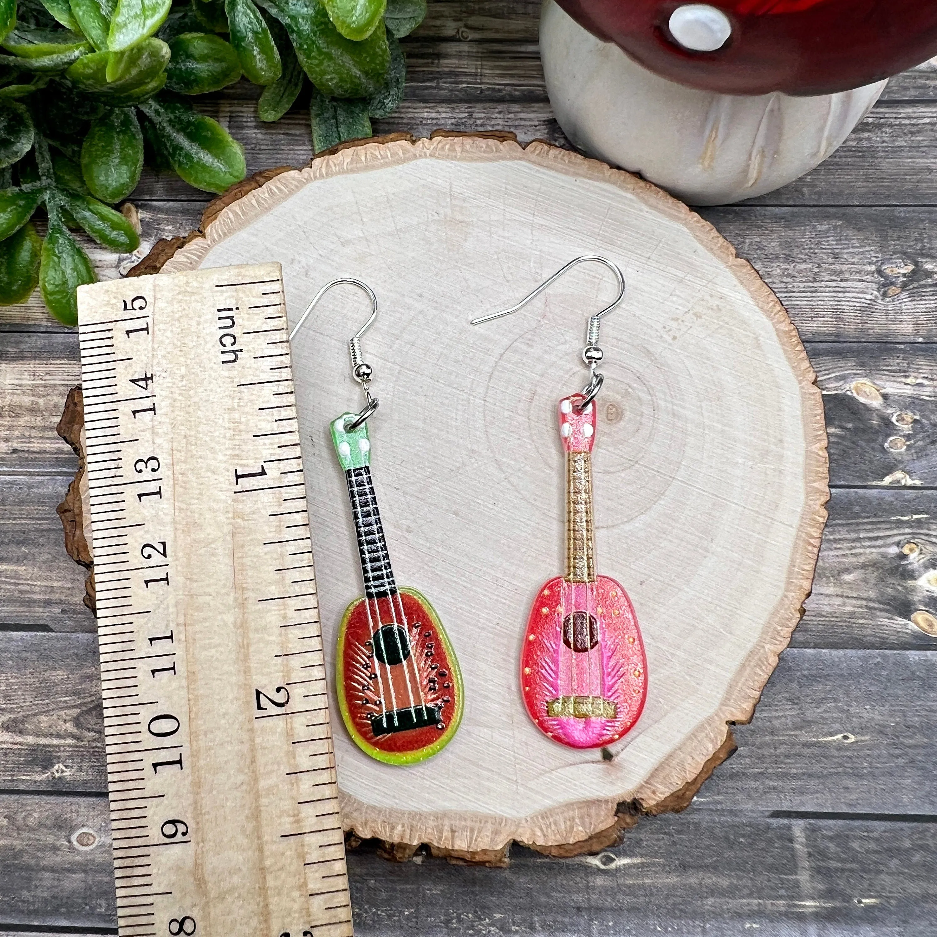 Mini Guitar Fruit Themed Lightweight  Earrings, Hypoallergenic Musician Gift