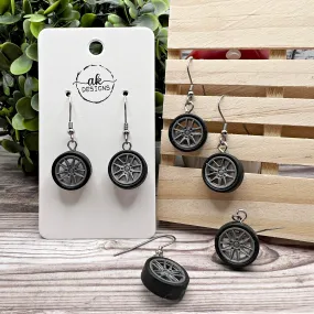 Miniature Car Tire / Wheel Stainless Steel  Earrings, Hypoallergenic Driver Mechanic Novelty Gift