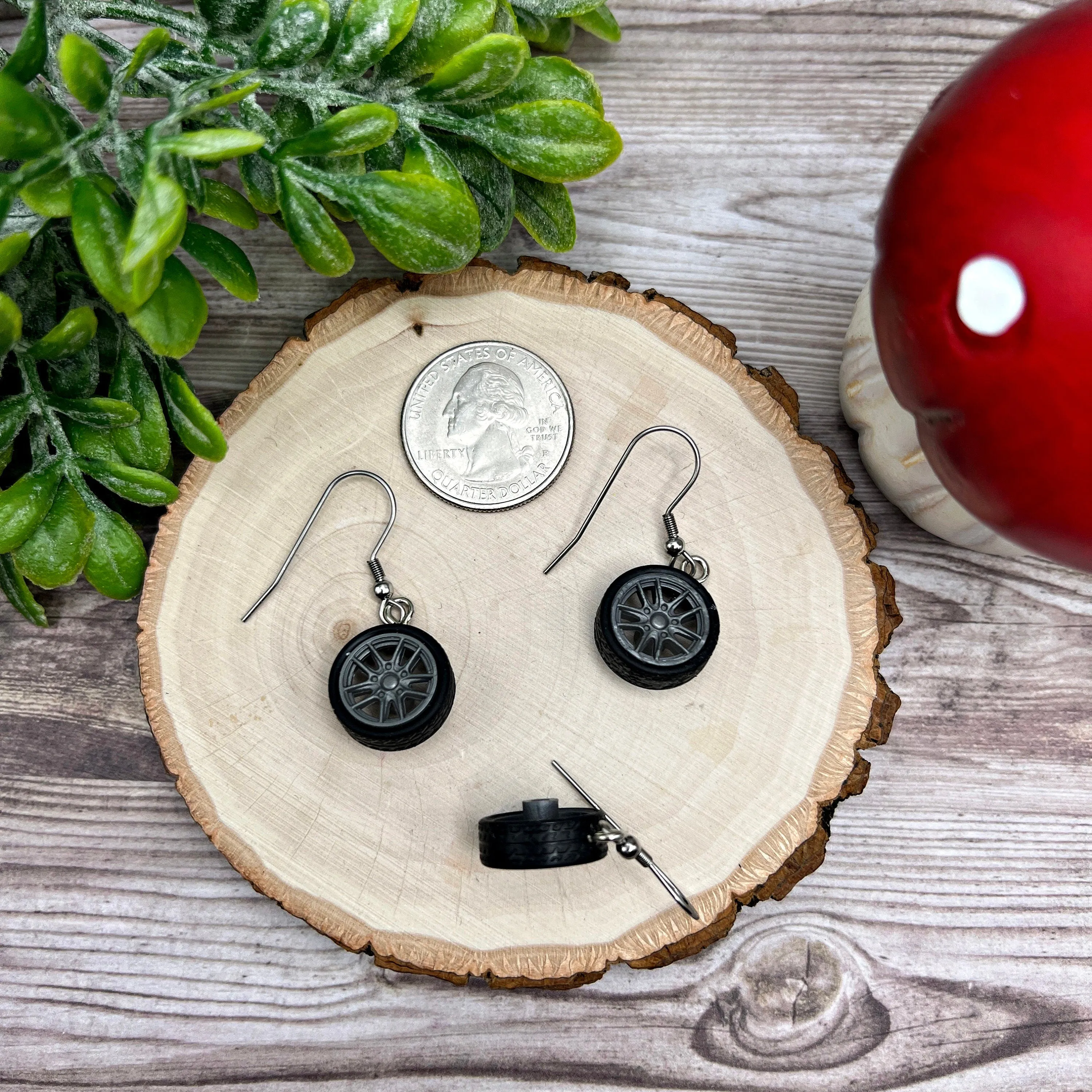 Miniature Car Tire / Wheel Stainless Steel  Earrings, Hypoallergenic Driver Mechanic Novelty Gift