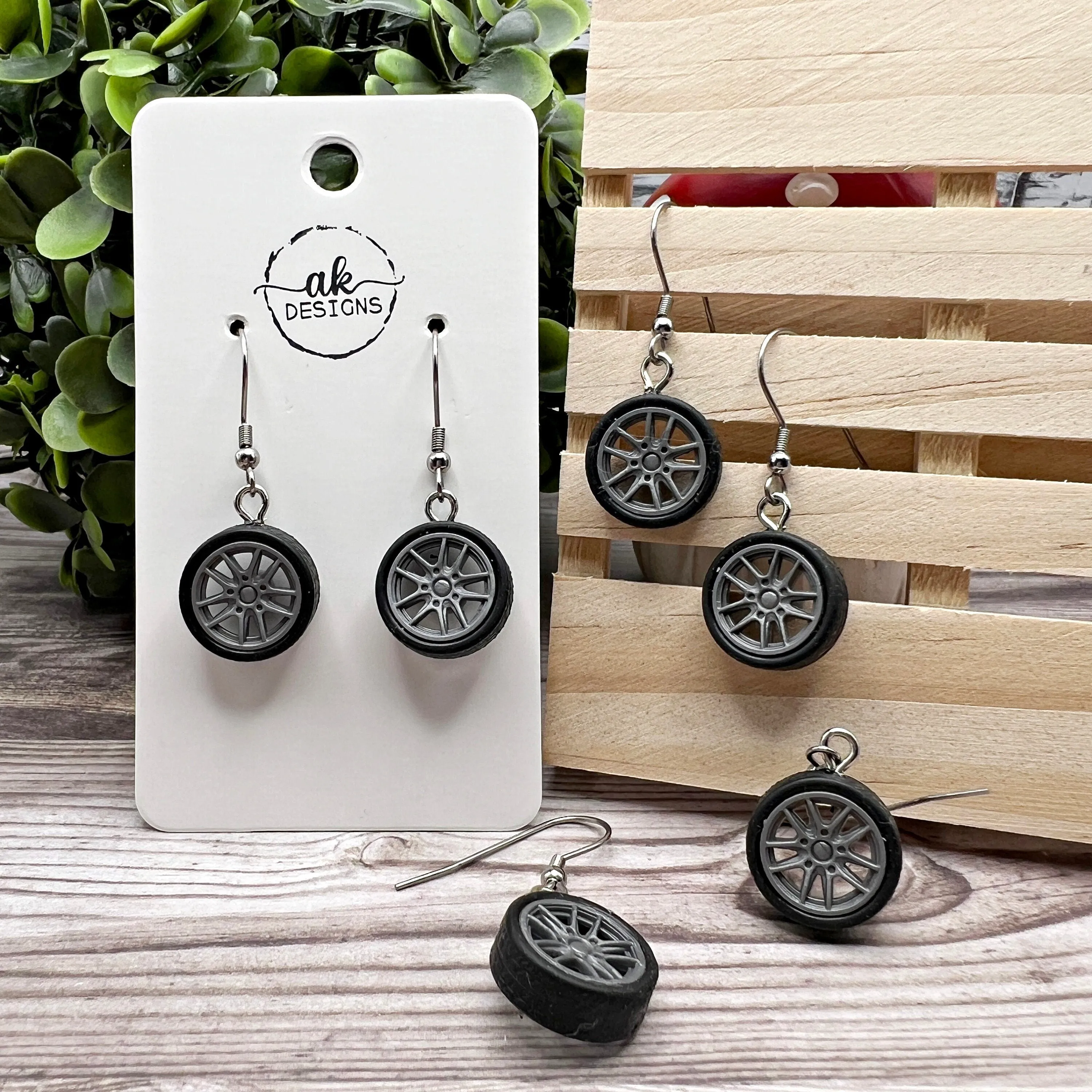 Miniature Car Tire / Wheel Stainless Steel  Earrings, Hypoallergenic Driver Mechanic Novelty Gift