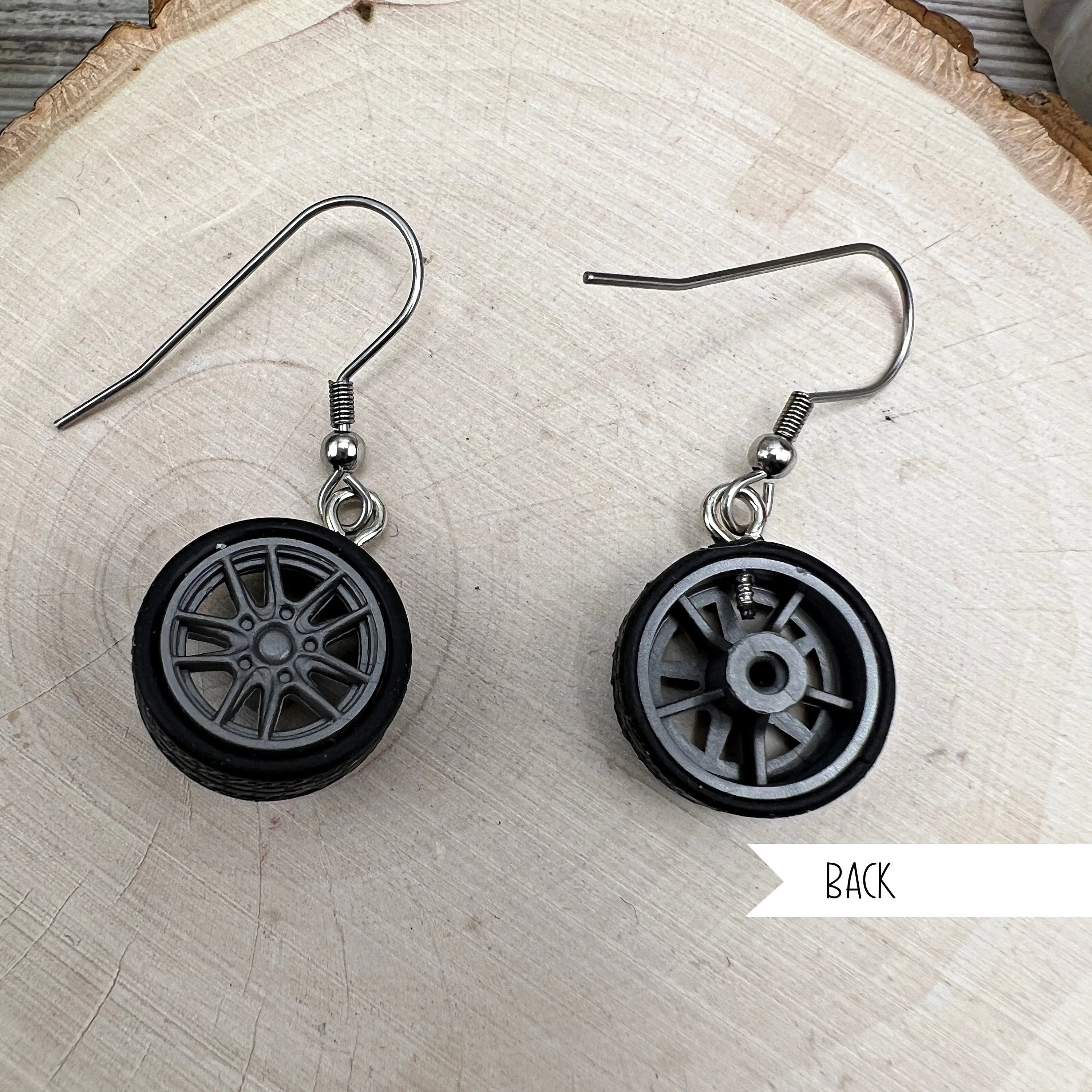 Miniature Car Tire / Wheel Stainless Steel  Earrings, Hypoallergenic Driver Mechanic Novelty Gift