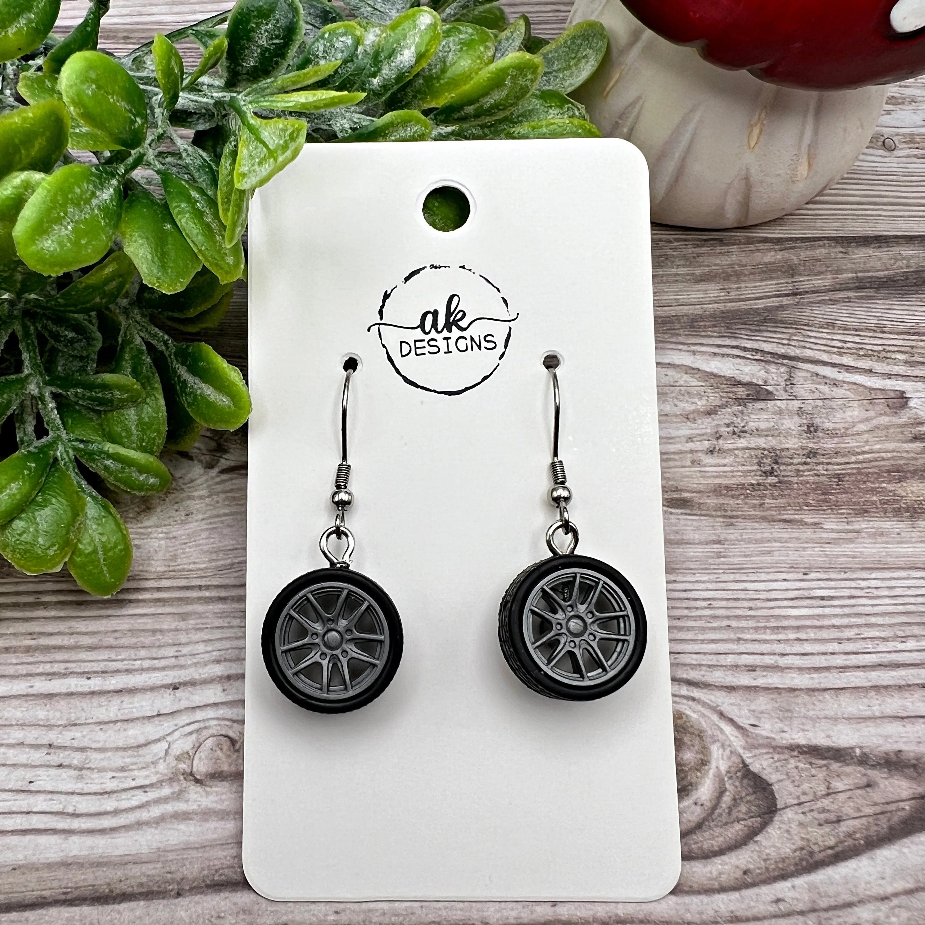 Miniature Car Tire / Wheel Stainless Steel  Earrings, Hypoallergenic Driver Mechanic Novelty Gift