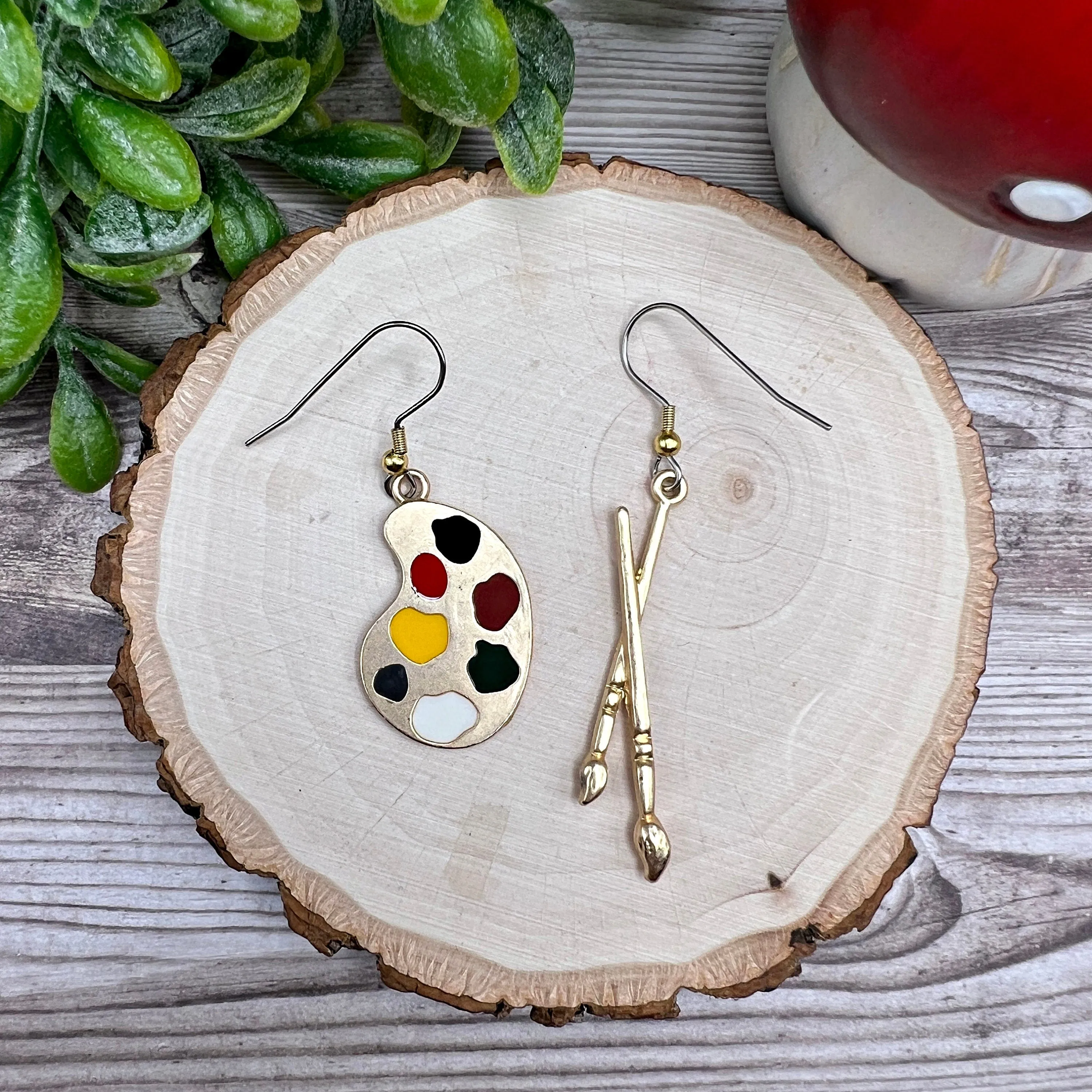 Mismatched Artist Paintbrush and Palette Enamel Bold Earrings