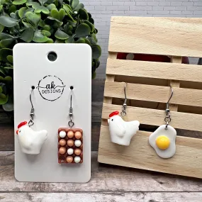 Mismatched Chicken and Egg Quirky Animal Earrings