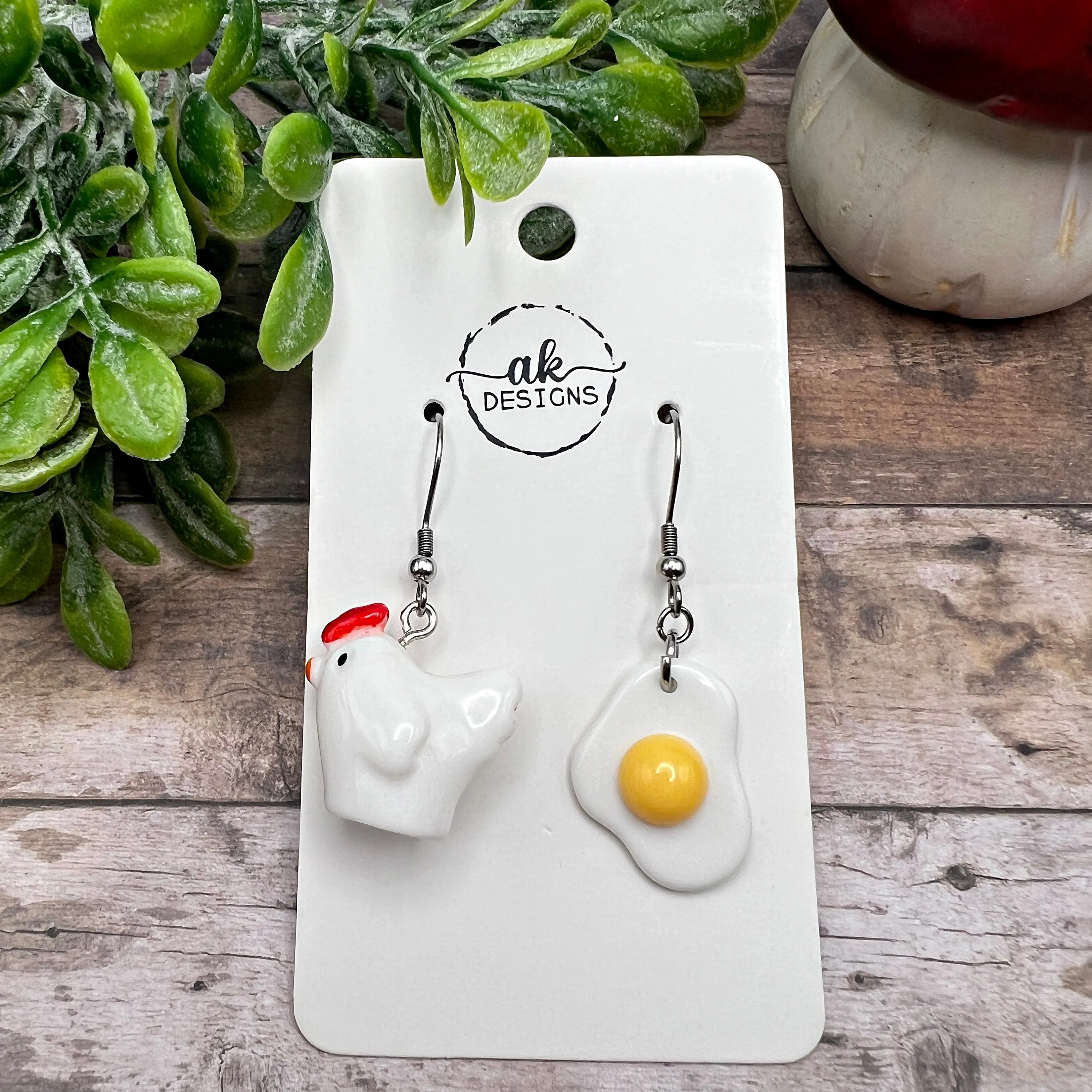 Mismatched Chicken and Egg Quirky Animal Earrings