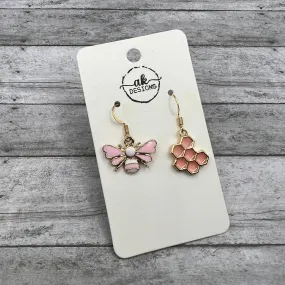 Mismatched Pink Bee Honeycomb  Earrings Resin Enamel - Clearance