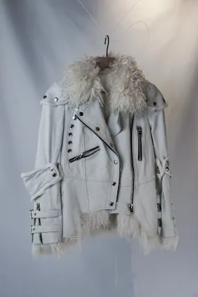 Miss Luxury | White Leather Jacket with Fur Collar and Rabbit Fur Lining