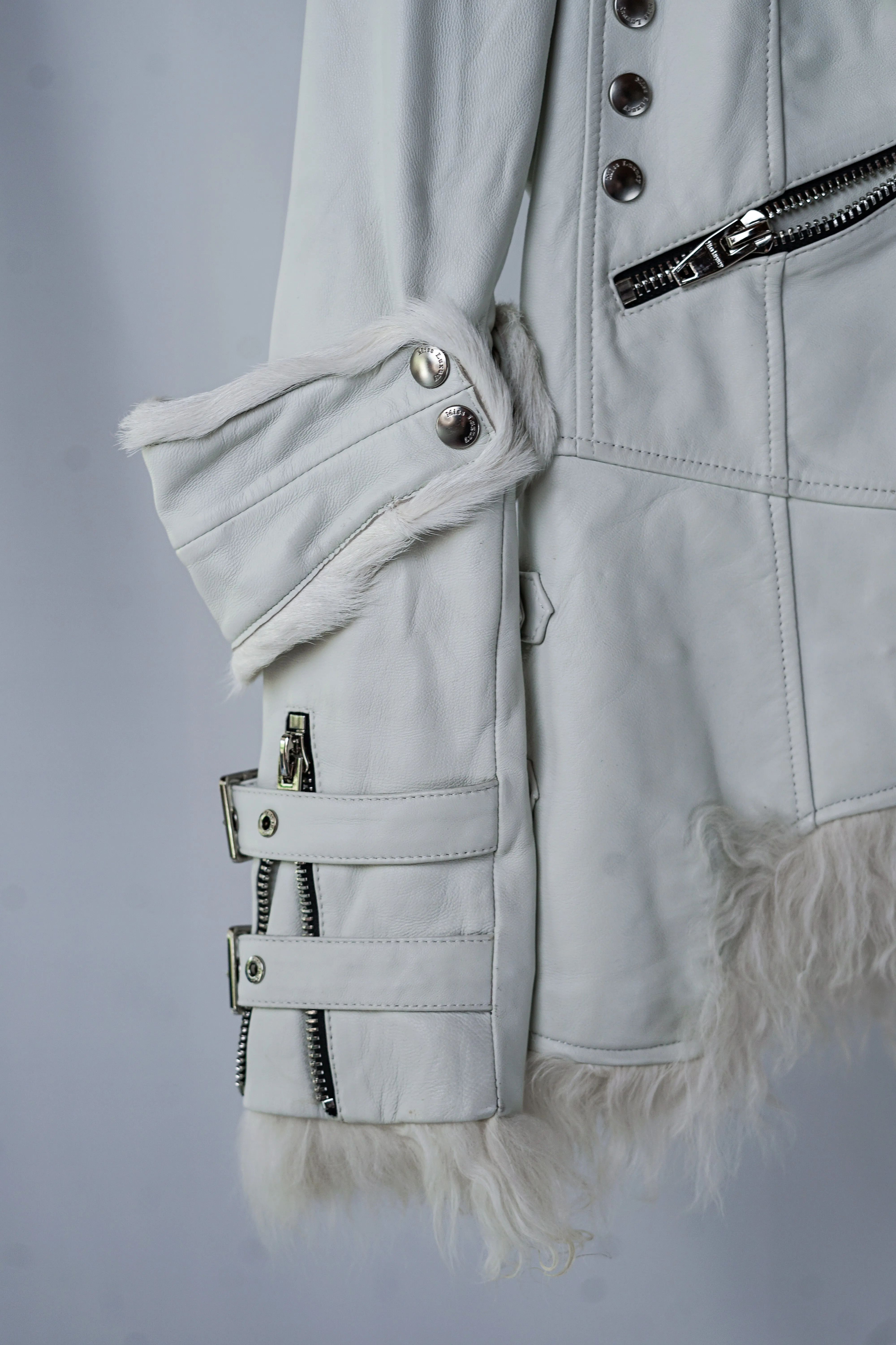 Miss Luxury | White Leather Jacket with Fur Collar and Rabbit Fur Lining