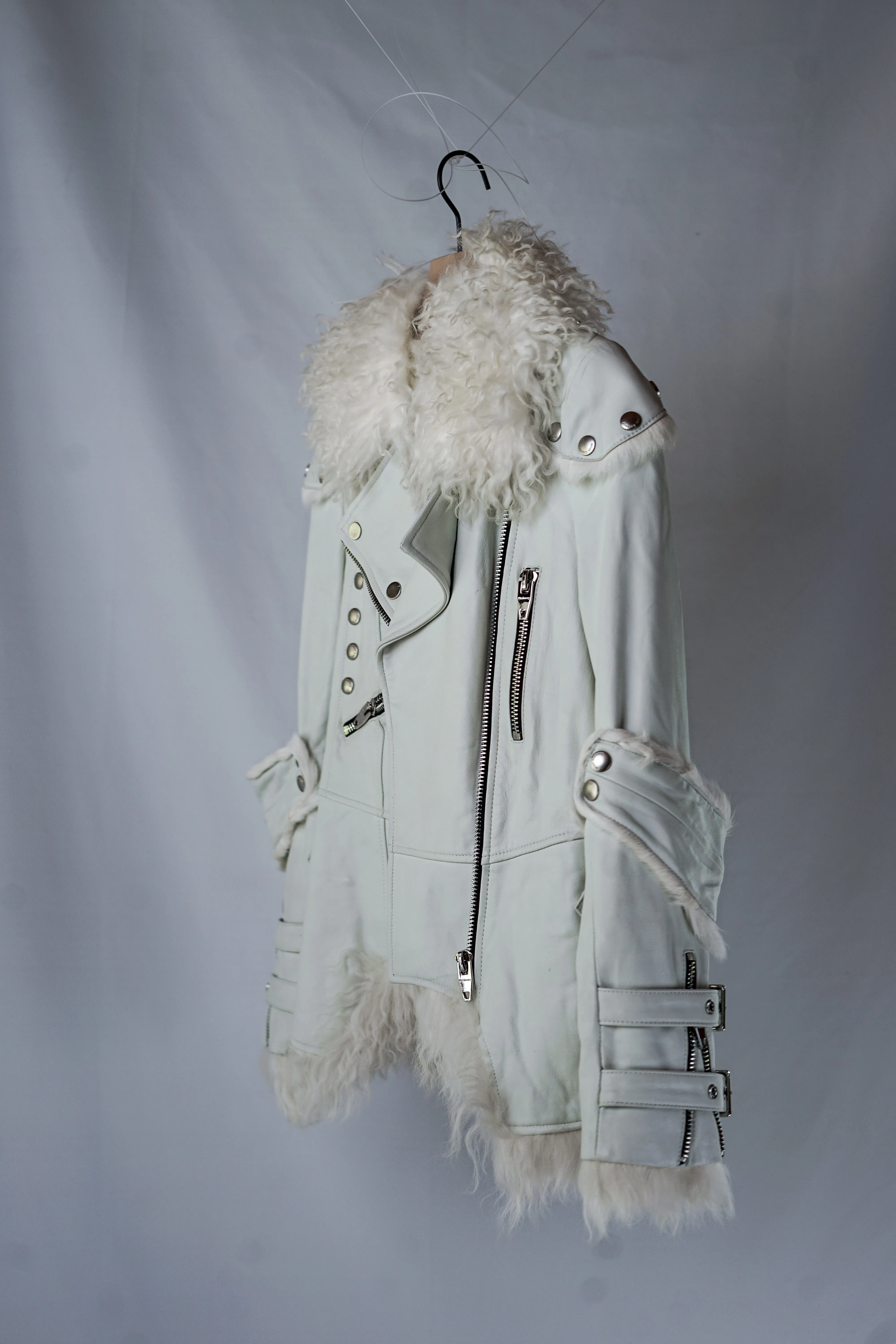 Miss Luxury | White Leather Jacket with Fur Collar and Rabbit Fur Lining