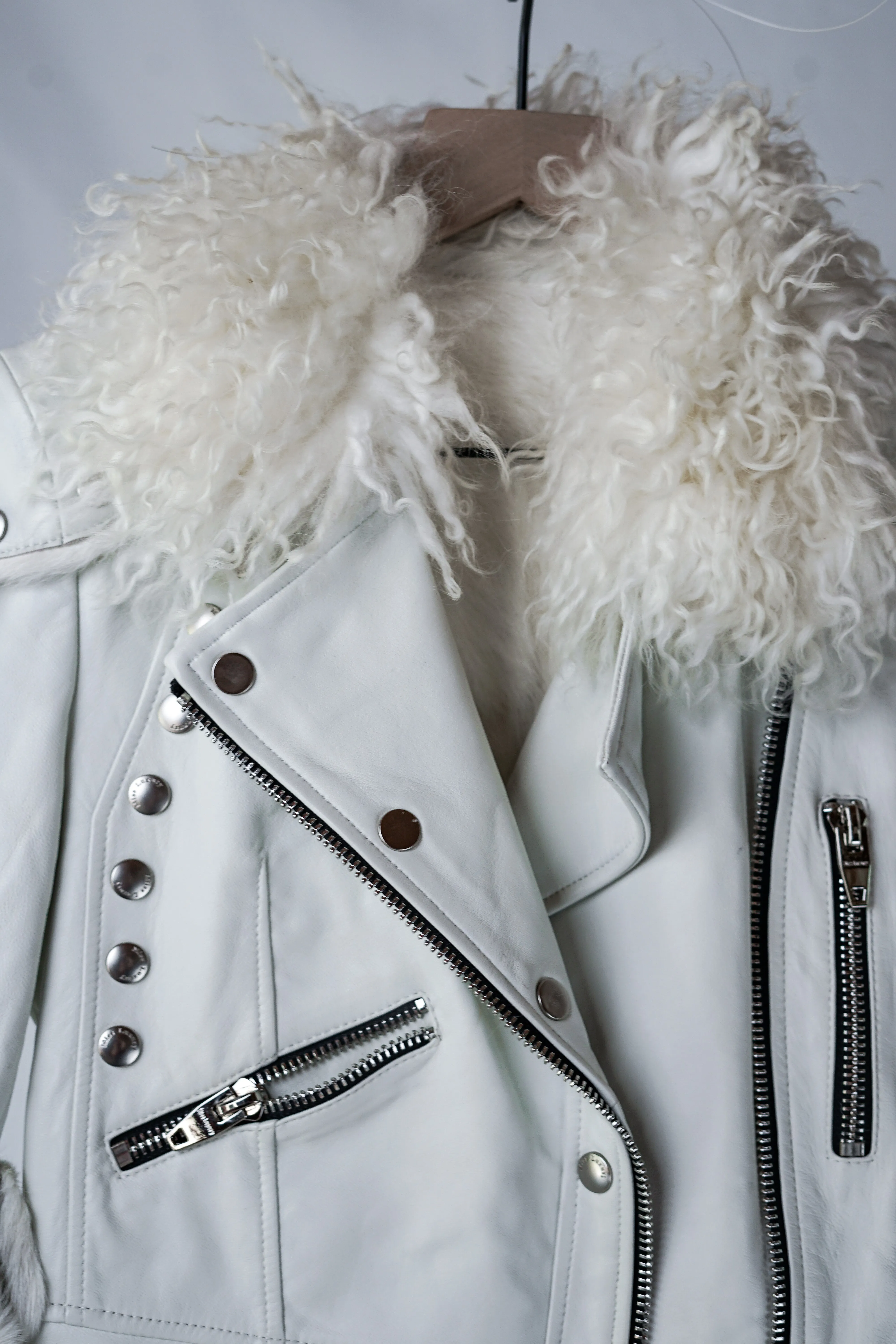 Miss Luxury | White Leather Jacket with Fur Collar and Rabbit Fur Lining