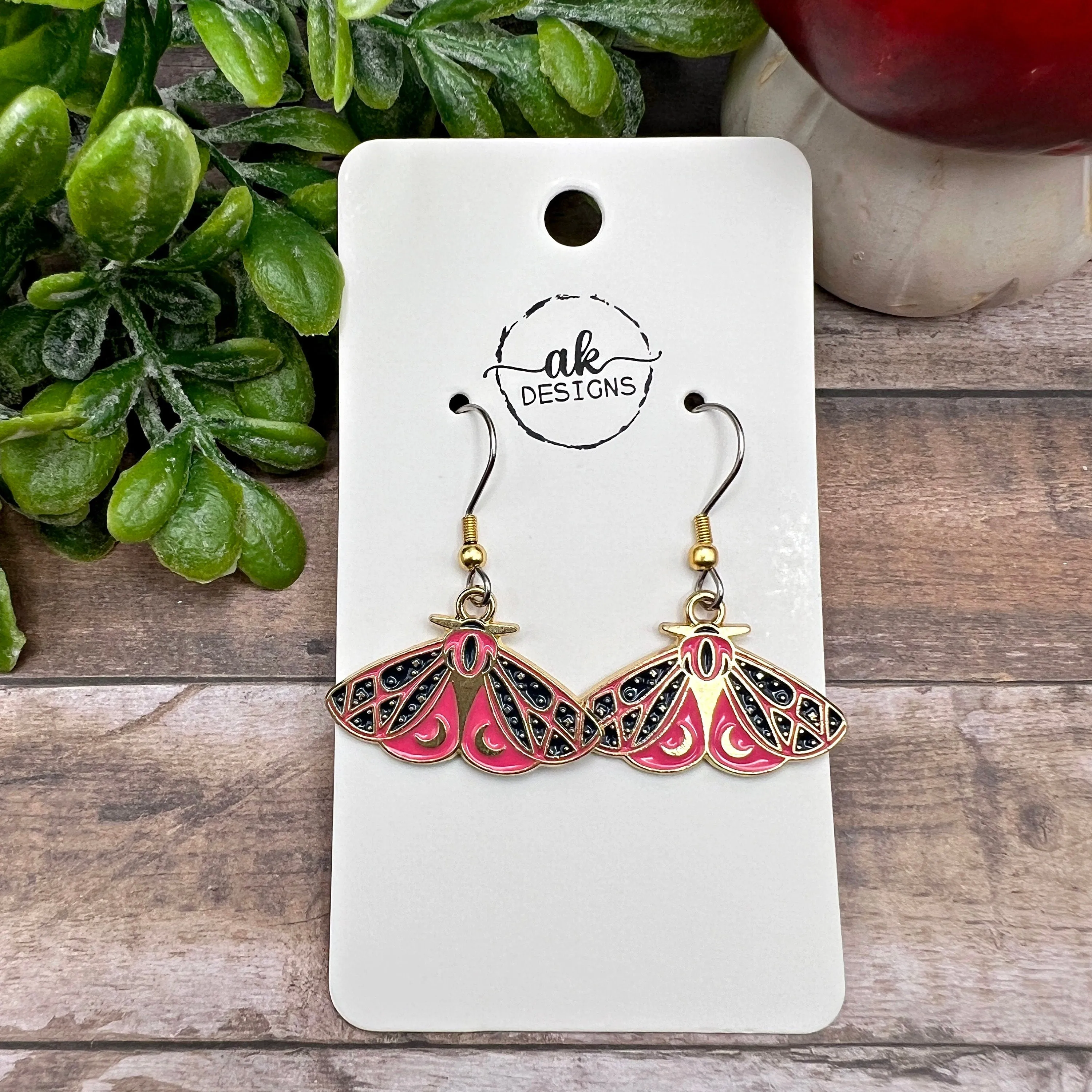 Moth / Butterfly Multicolor Enamel Earrings, Silver and Gold Two-Toned / Goldtone Stainless Steel , Hypoallergenic Gift - Animal