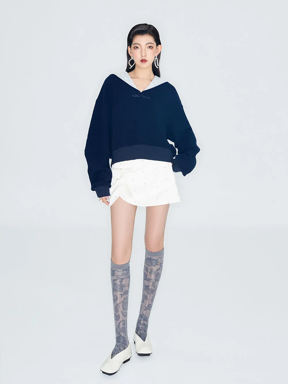 MUKZIN Linglong New Chinese-style Navy Collar Silhouette Sweatshirt