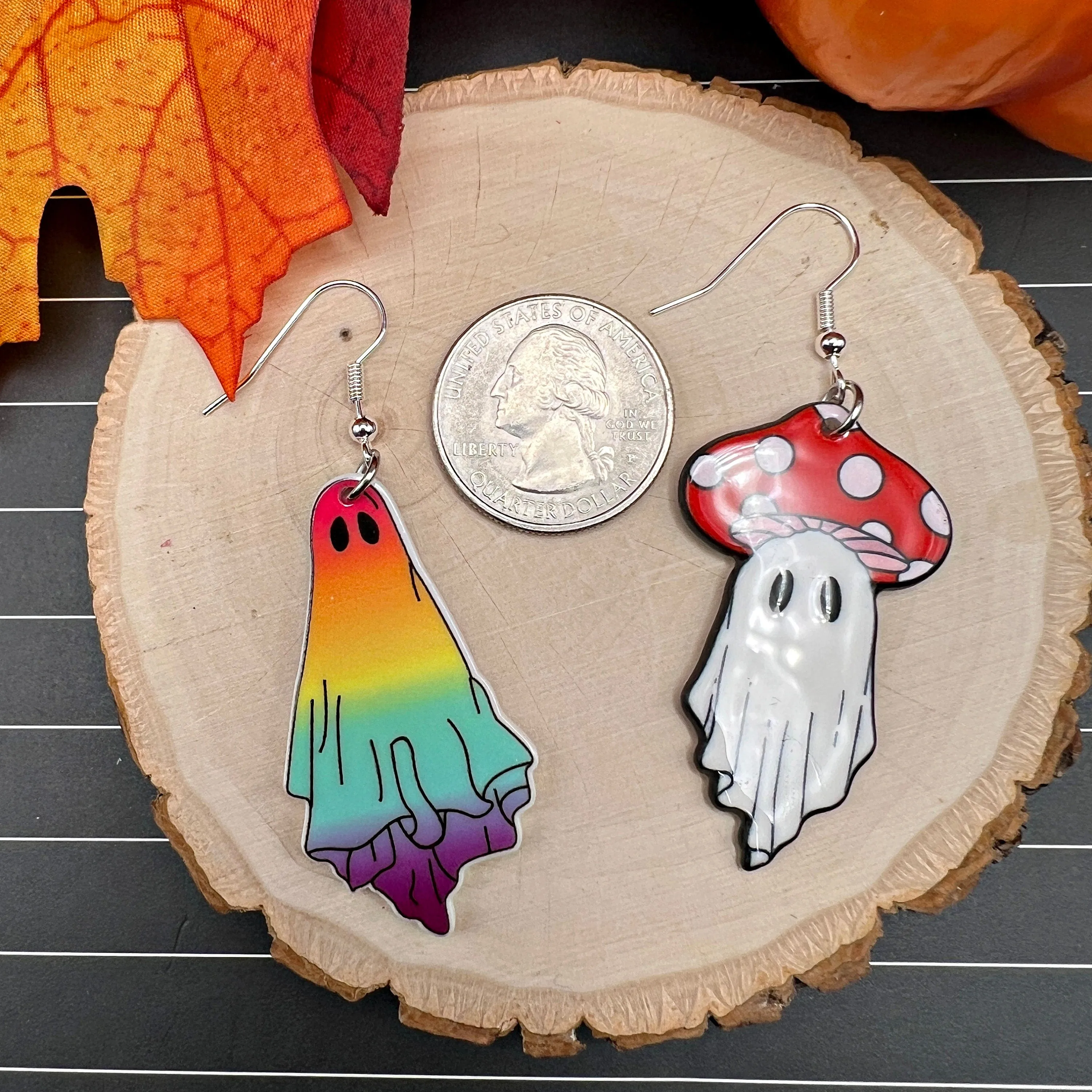 Mushroom Rainbow Ghost Halloween Spooky Season, Silver/Silver-tone  Earrings, Hypoallergenic Gift