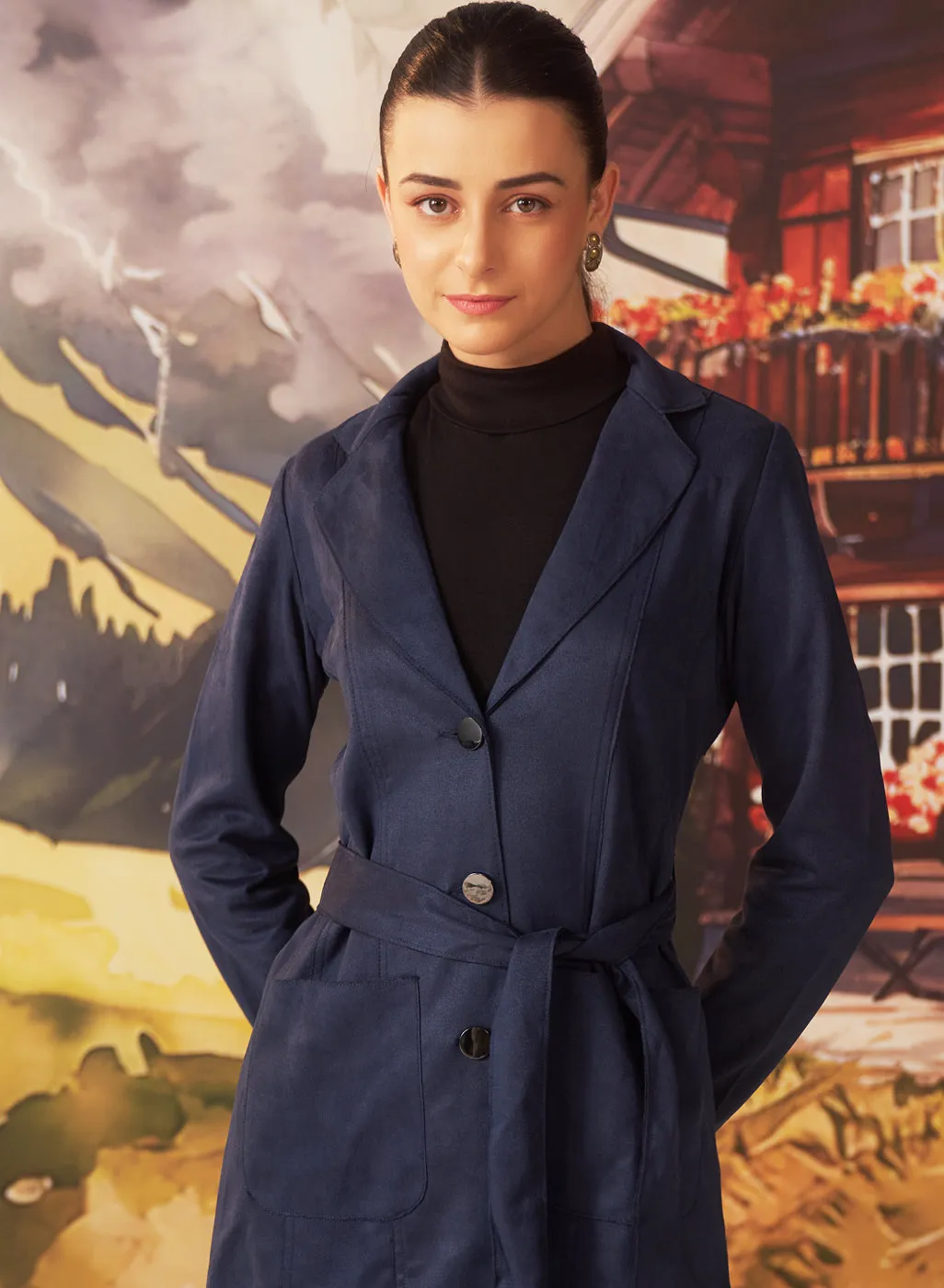 Navy button up suede coat with lapel collar and belt