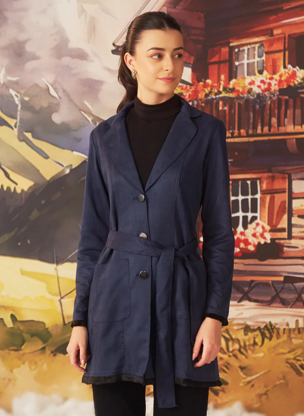 Navy button up suede coat with lapel collar and belt