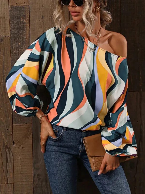 One Shoulder Loose Balloon Sleeve Shirt