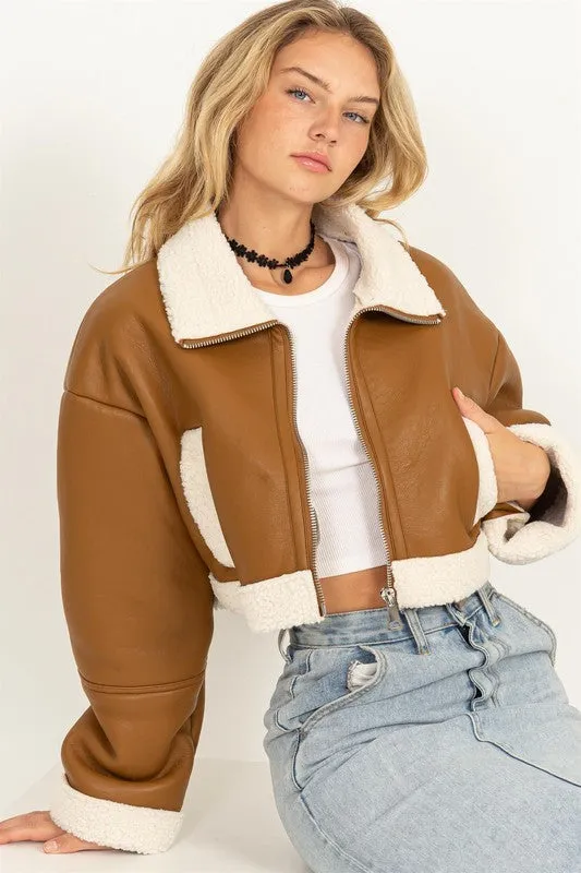 Out of My Way Shearling Cropped Jacket Brown