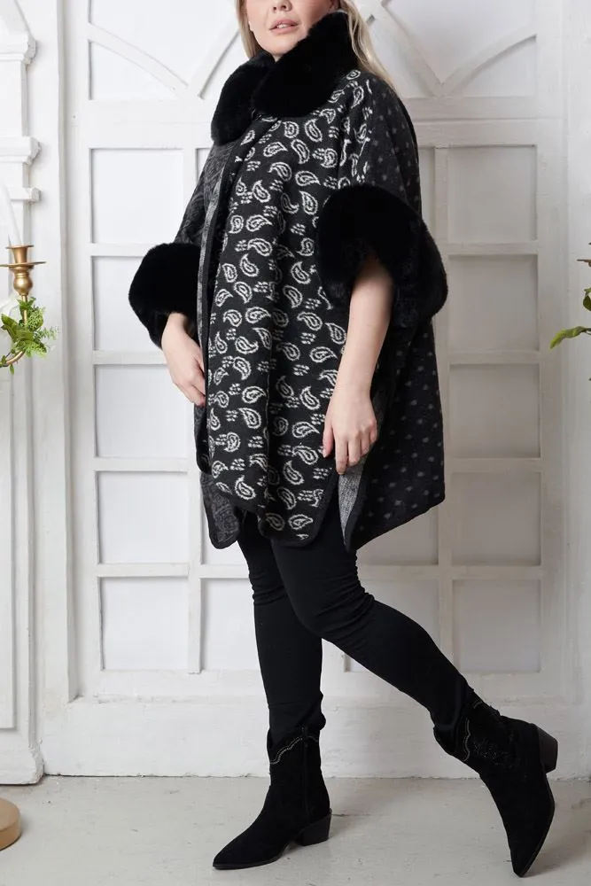 Paisley Print Trim Faux Fur Poncho