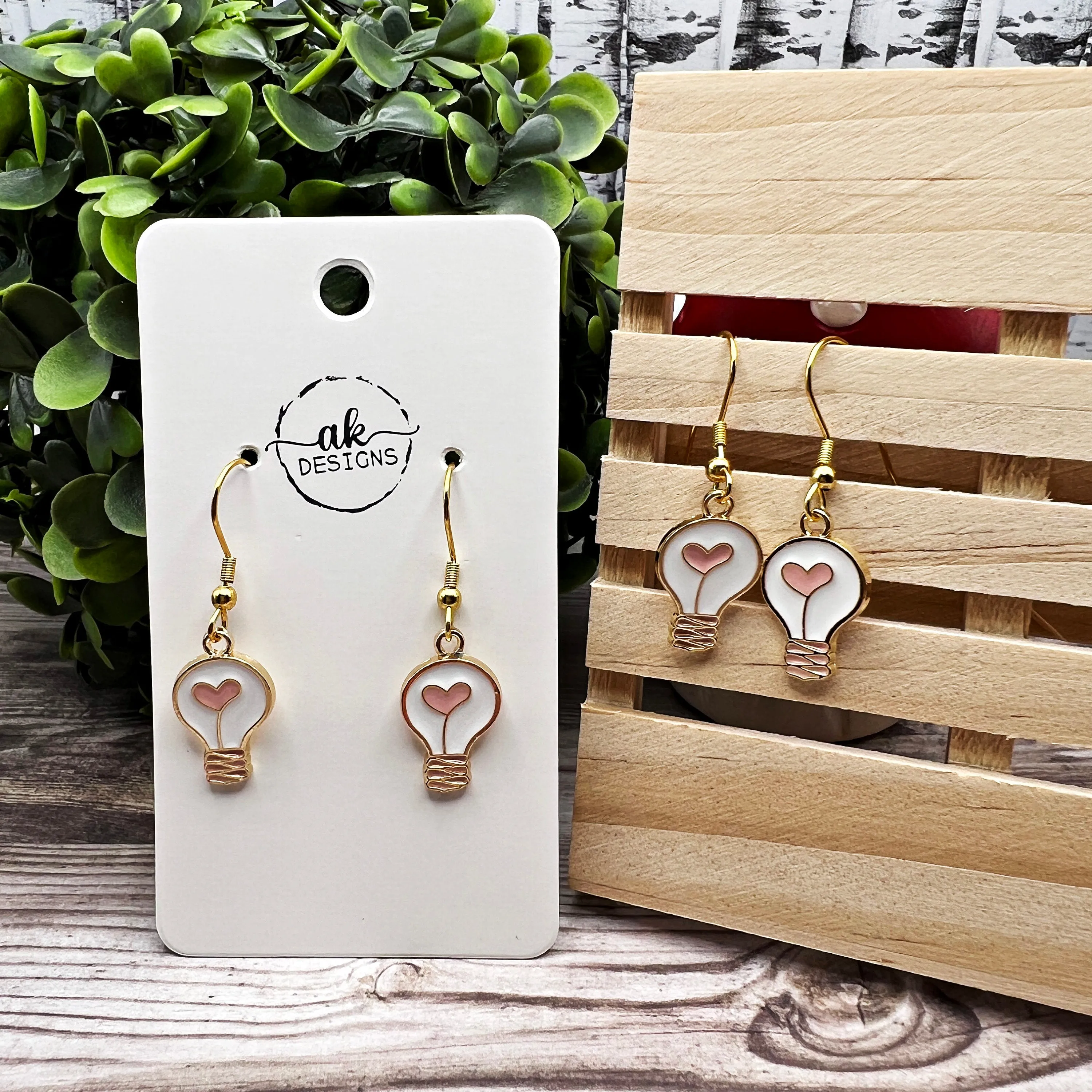 Petite Lightbulb Heart Enamel Stainless Steel Earrings, Dainty Lightweight Goldtone Hypoallergenic Gift