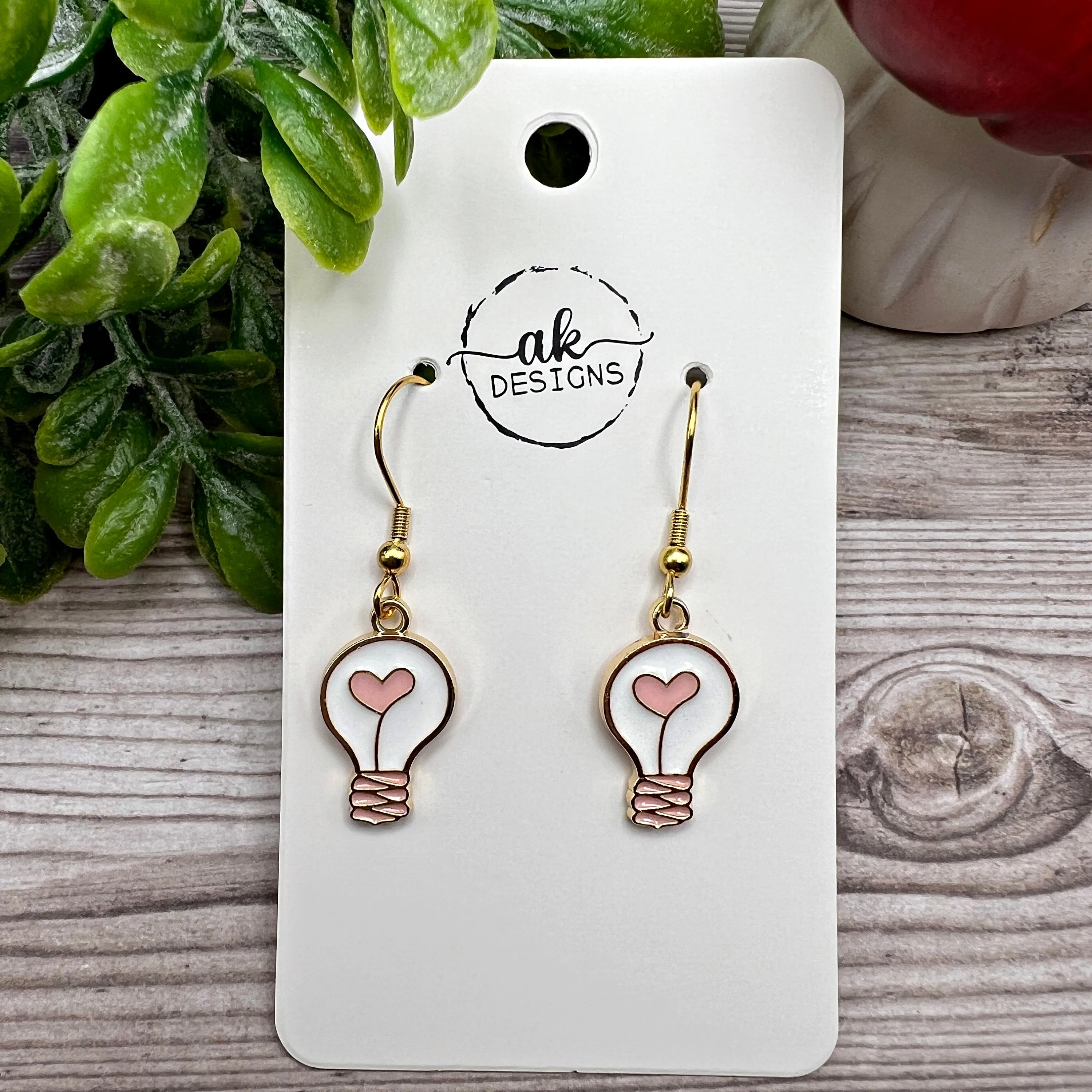 Petite Lightbulb Heart Enamel Stainless Steel Earrings, Dainty Lightweight Goldtone Hypoallergenic Gift