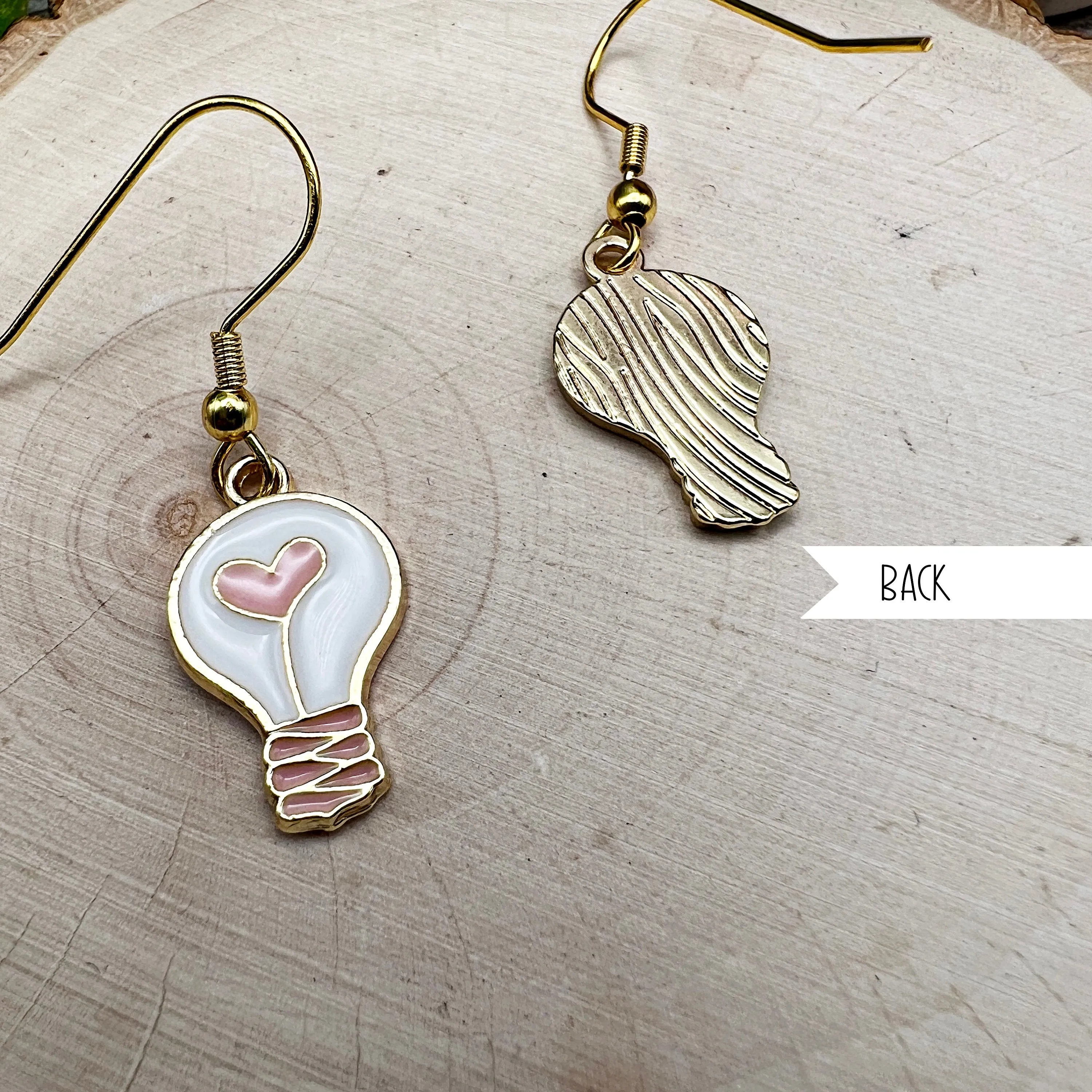 Petite Lightbulb Heart Enamel Stainless Steel Earrings, Dainty Lightweight Goldtone Hypoallergenic Gift