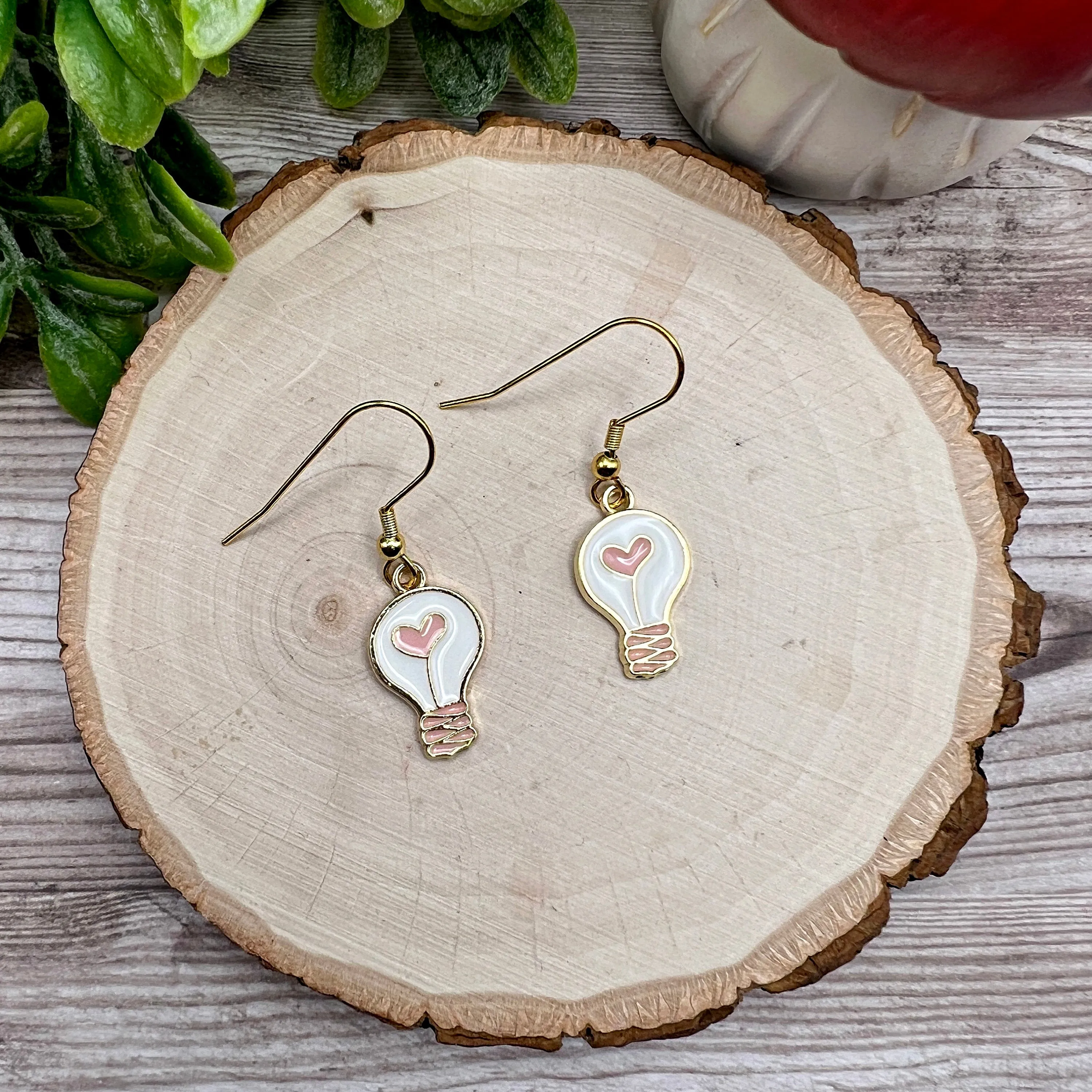 Petite Lightbulb Heart Enamel Stainless Steel Earrings, Dainty Lightweight Goldtone Hypoallergenic Gift