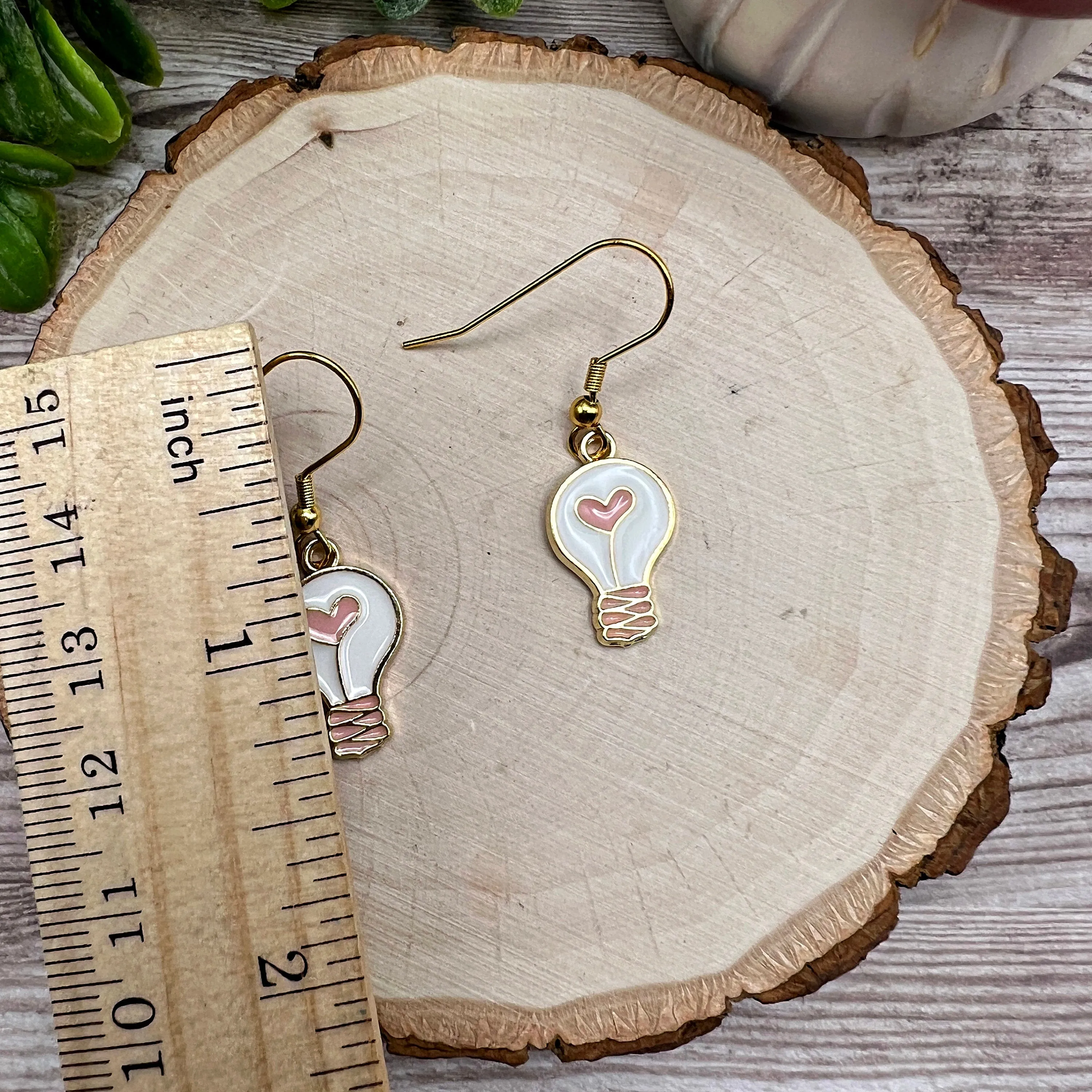 Petite Lightbulb Heart Enamel Stainless Steel Earrings, Dainty Lightweight Goldtone Hypoallergenic Gift