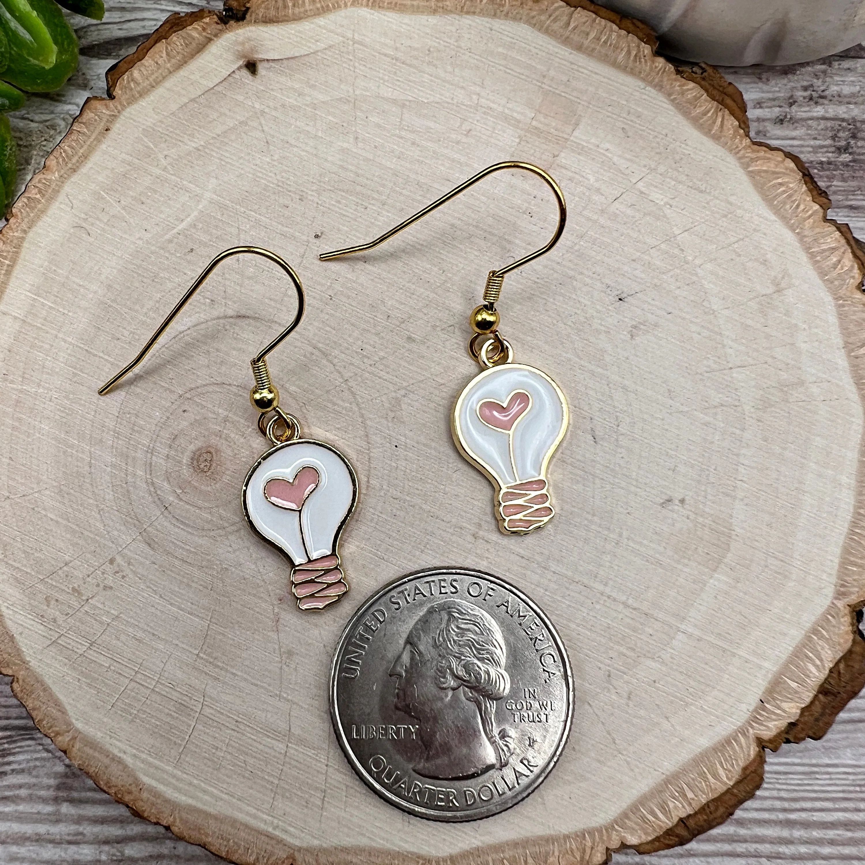 Petite Lightbulb Heart Enamel Stainless Steel Earrings, Dainty Lightweight Goldtone Hypoallergenic Gift