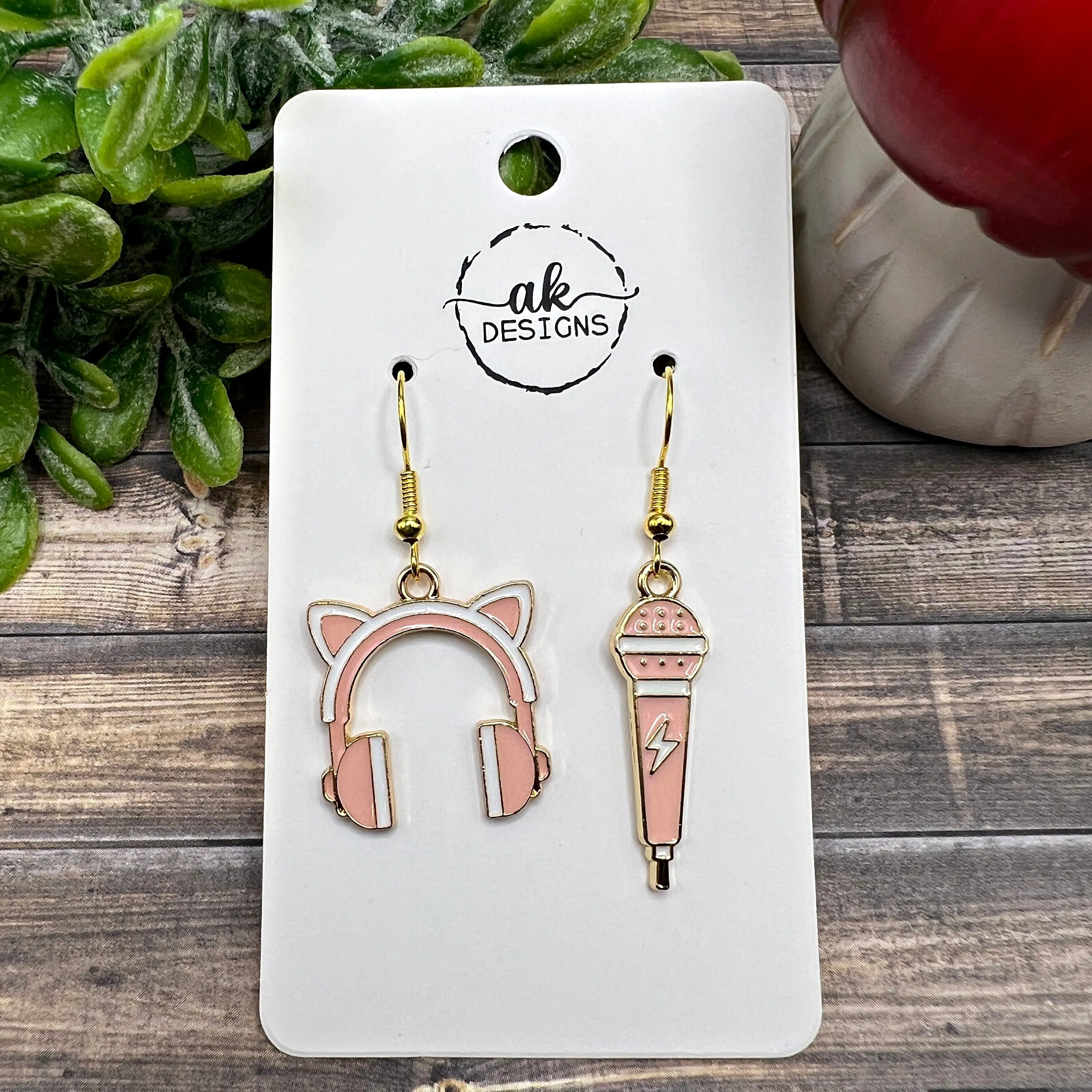 Pink Cat Ear Headphones and Microphone Mismatched Goldtone  Earrings, Hypoallergenic Gift