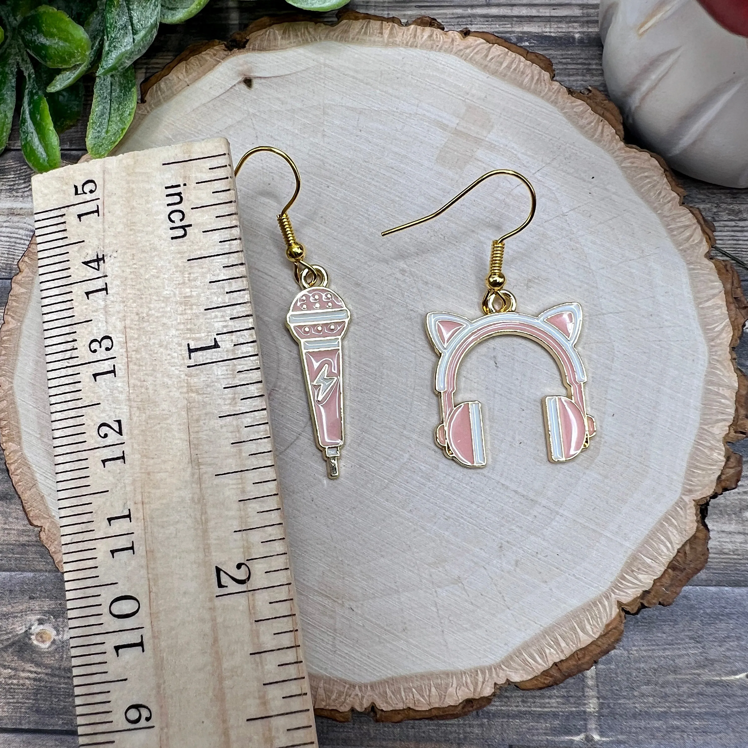 Pink Cat Ear Headphones and Microphone Mismatched Goldtone  Earrings, Hypoallergenic Gift