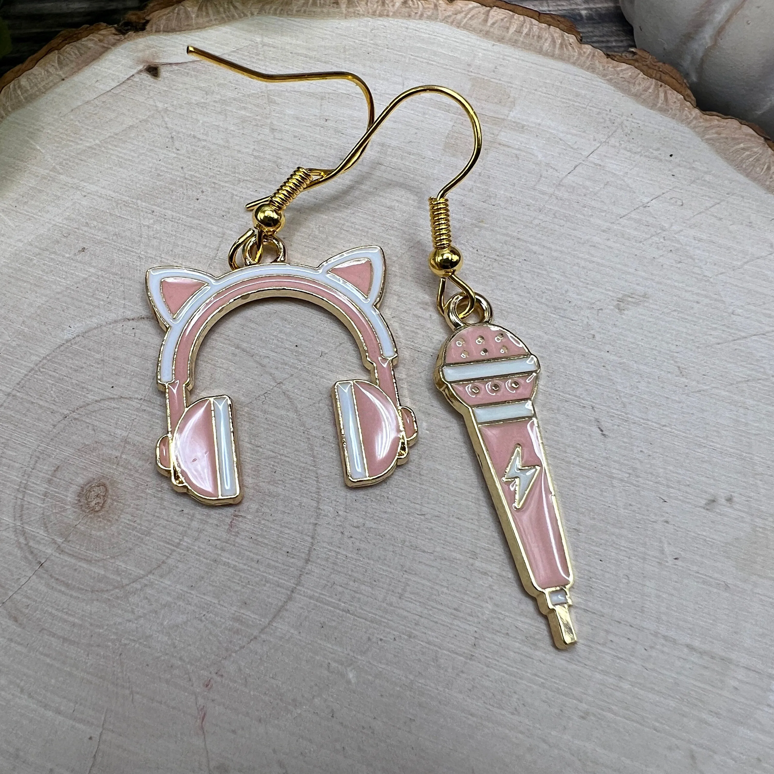 Pink Cat Ear Headphones and Microphone Mismatched Goldtone  Earrings, Hypoallergenic Gift