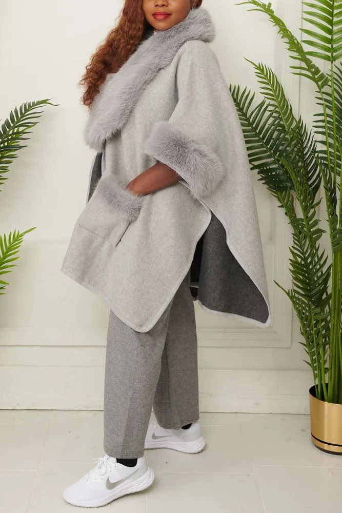 Plain Faux Fur Pocket Poncho Jacket