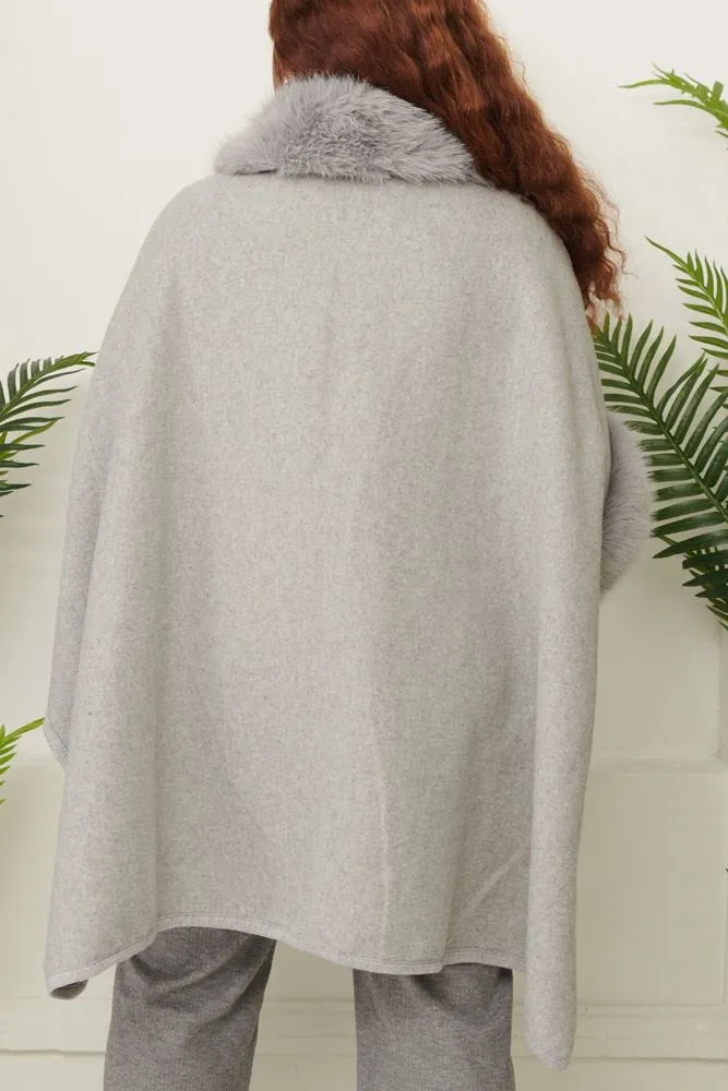 Plain Faux Fur Pocket Poncho Jacket