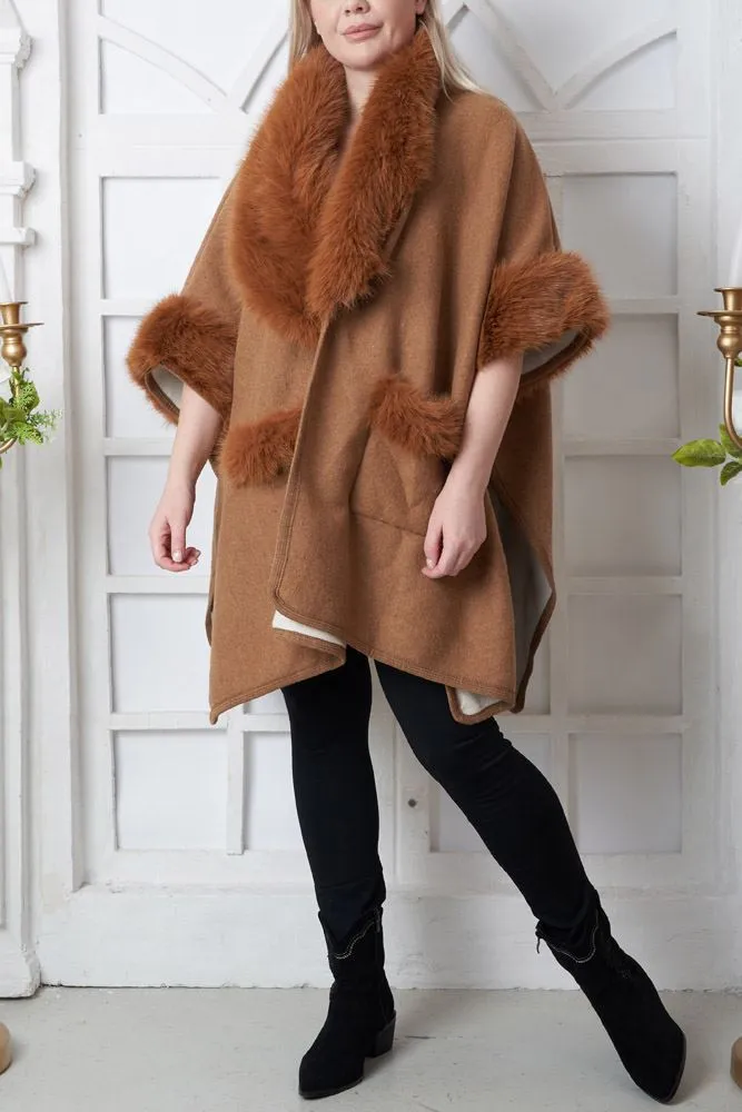 Plain Faux Fur Pocket Poncho Jacket