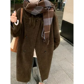 Purpdrank cold weather outfits Winter Lamb Wool Long Coat Coat Women's Loose round Neck Thickened Double Breasted Korean Style Warm Fur Integrated