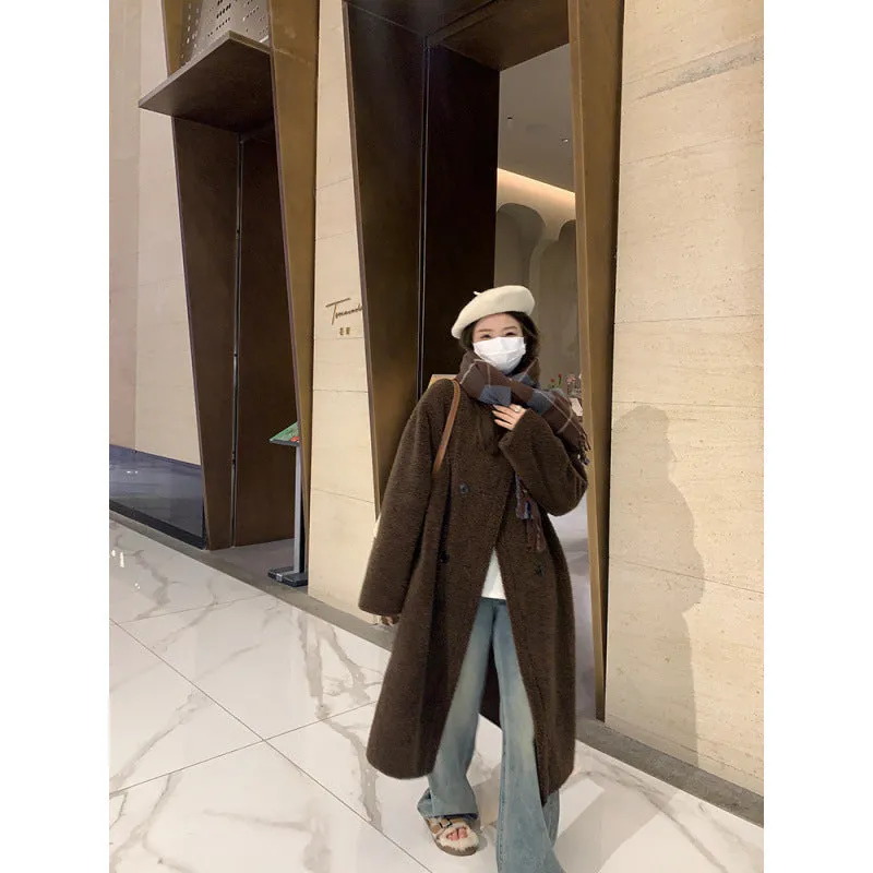 Purpdrank cold weather outfits Winter Lamb Wool Long Coat Coat Women's Loose round Neck Thickened Double Breasted Korean Style Warm Fur Integrated