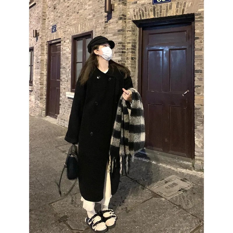 Purpdrank cold weather outfits Winter Lamb Wool Long Coat Coat Women's Loose round Neck Thickened Double Breasted Korean Style Warm Fur Integrated