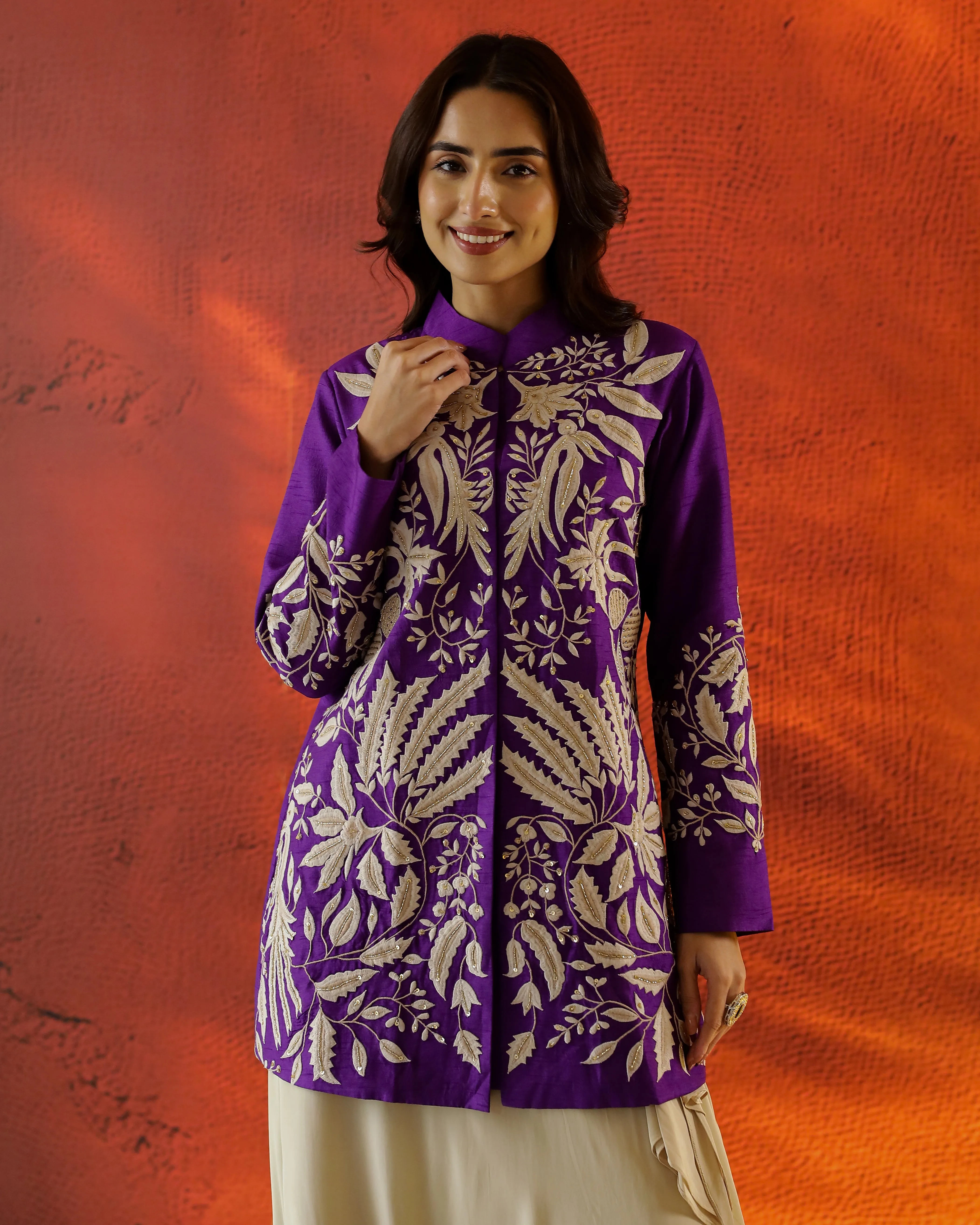 Purple Embroidered Jacket with Cowl Pants