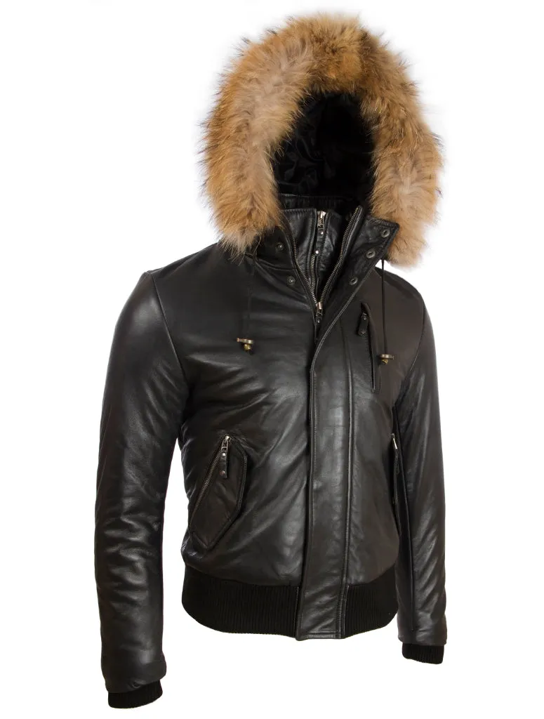 QS6C Men’s Fur Hood Bomber - Black