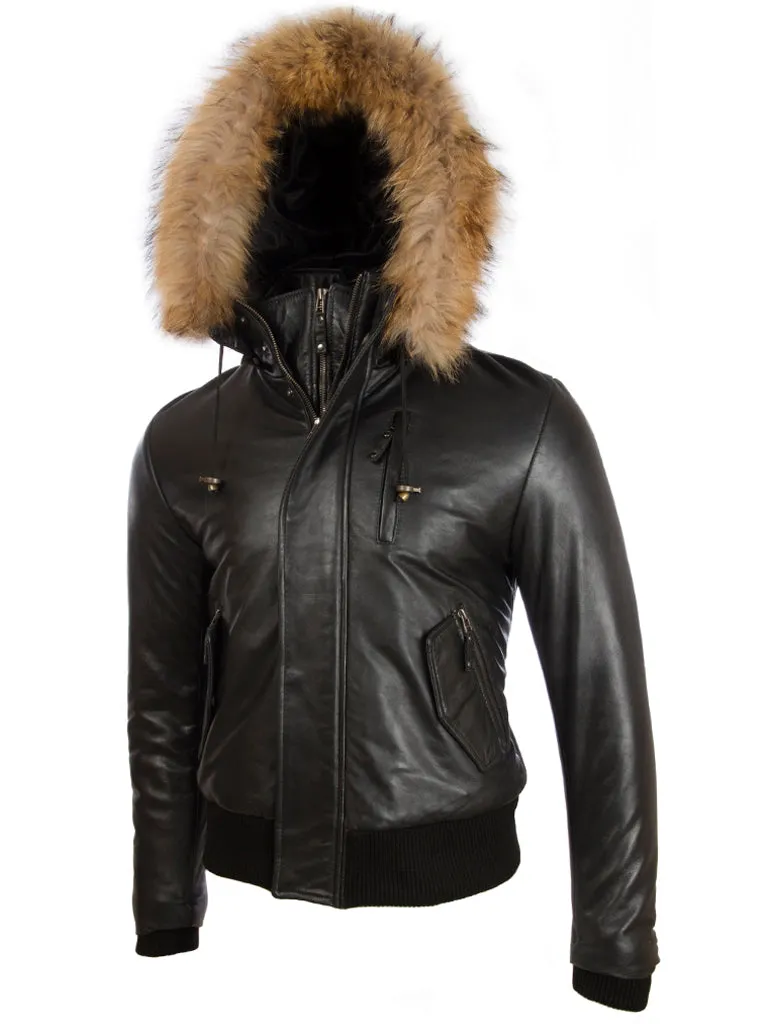 QS6C Men’s Fur Hood Bomber - Black