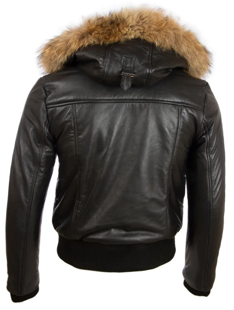 QS6C Men’s Fur Hood Bomber - Black