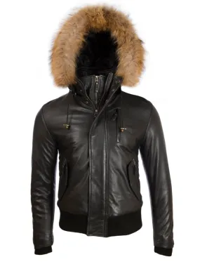 QS6C Men’s Fur Hood Bomber - Black