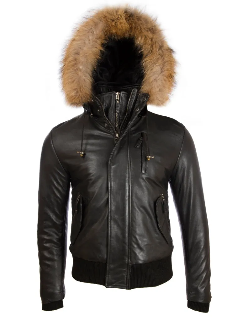 QS6C Men’s Fur Hood Bomber - Black