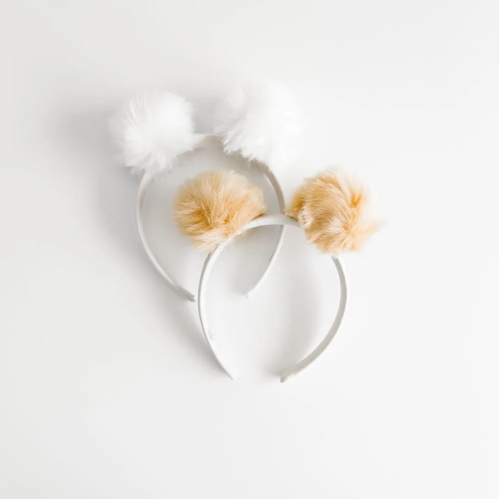 RABBIT FUR POM HARD HEADBAND: white